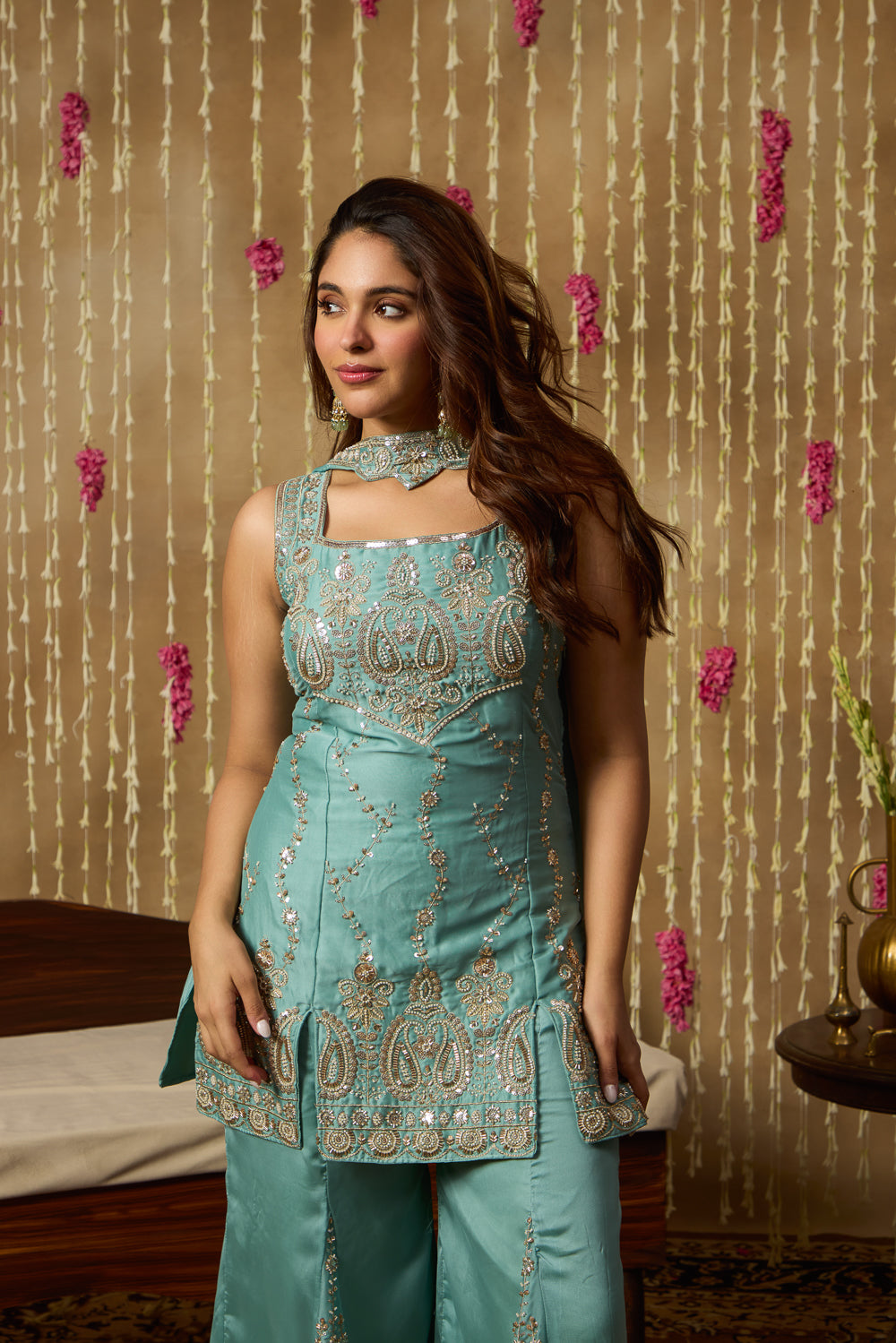 Jhoom Aqua Embroidered Kurta Sharara Set