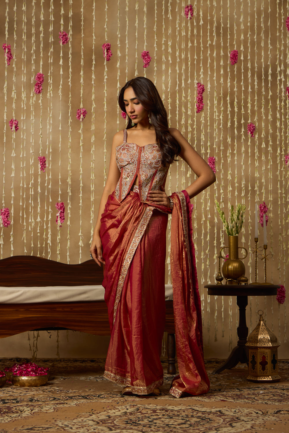 Jhoom Rust Embroidered Saree Set