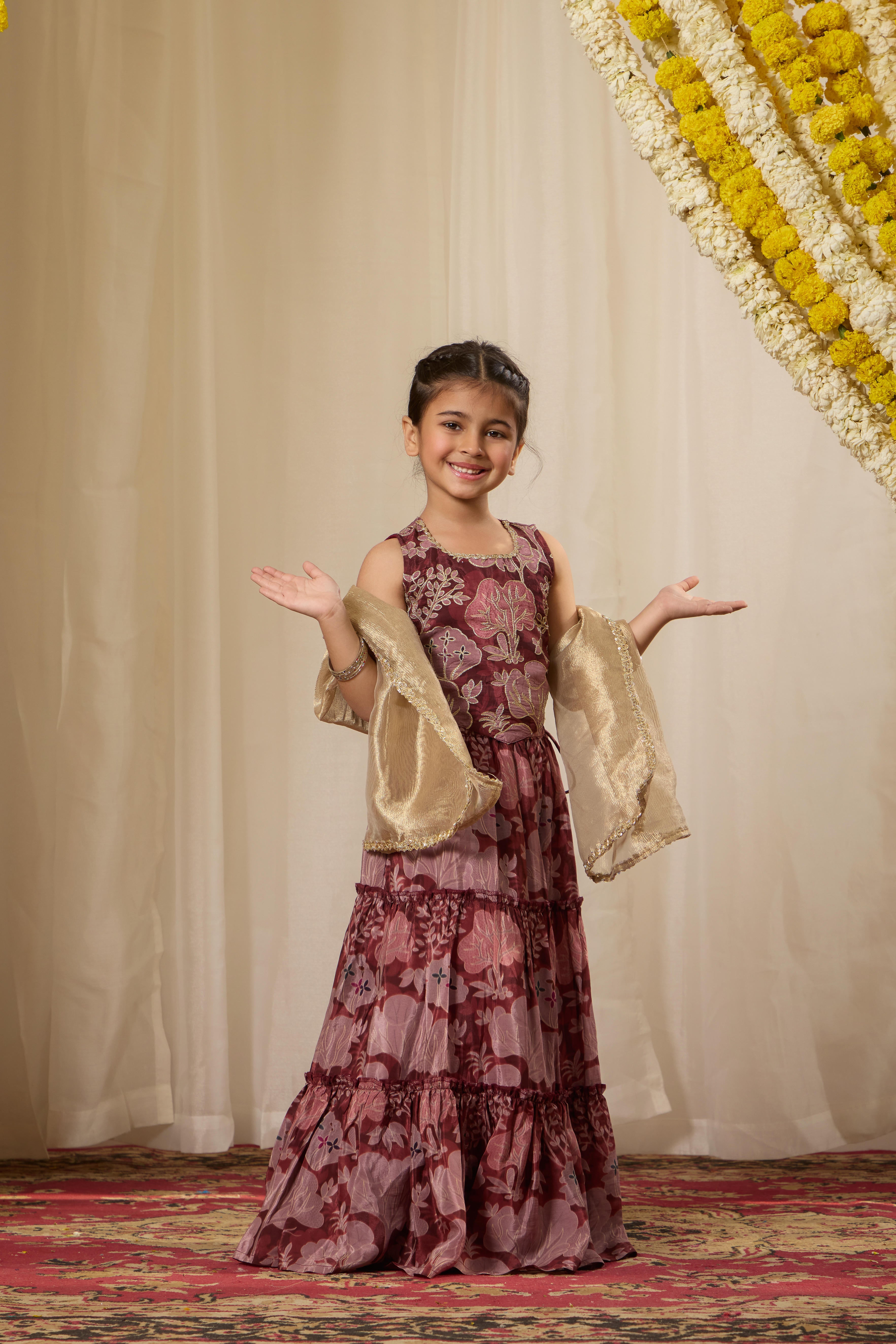 Alaya Kids Muted Maroon Lehenga Set