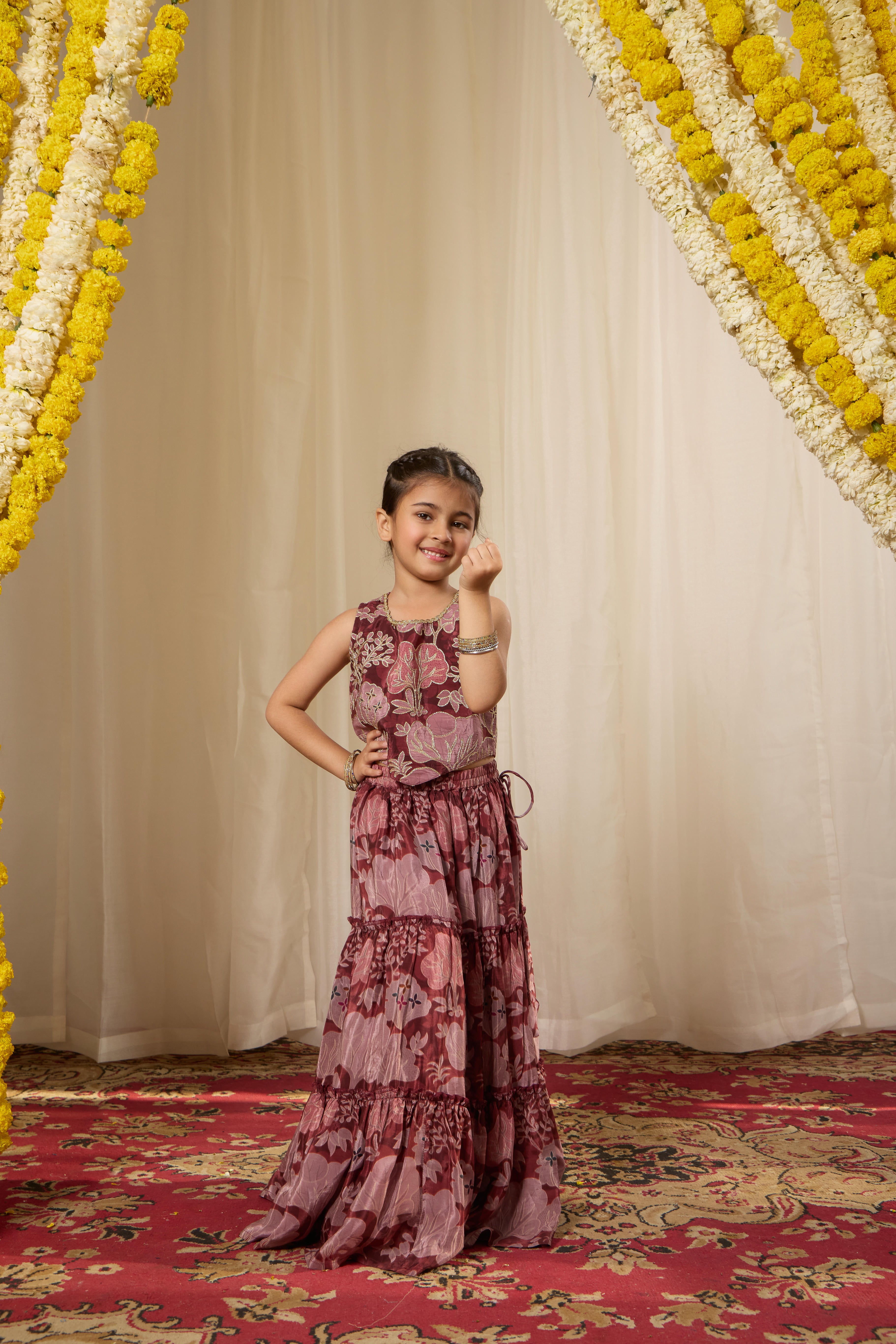 Alaya Kids Muted Maroon Lehenga Set