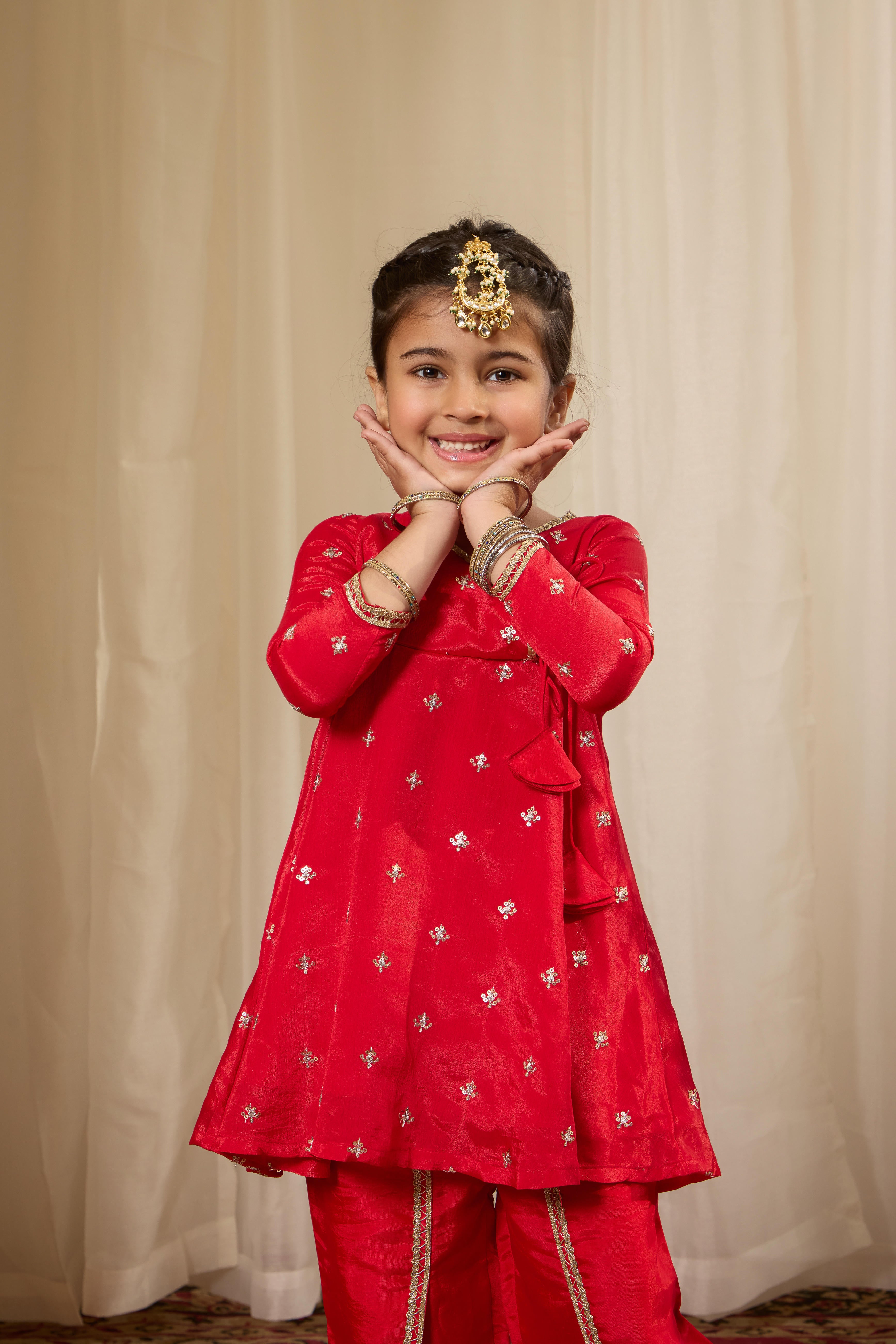 Alaya Kids Shahi Red Angrakha Kurta Set