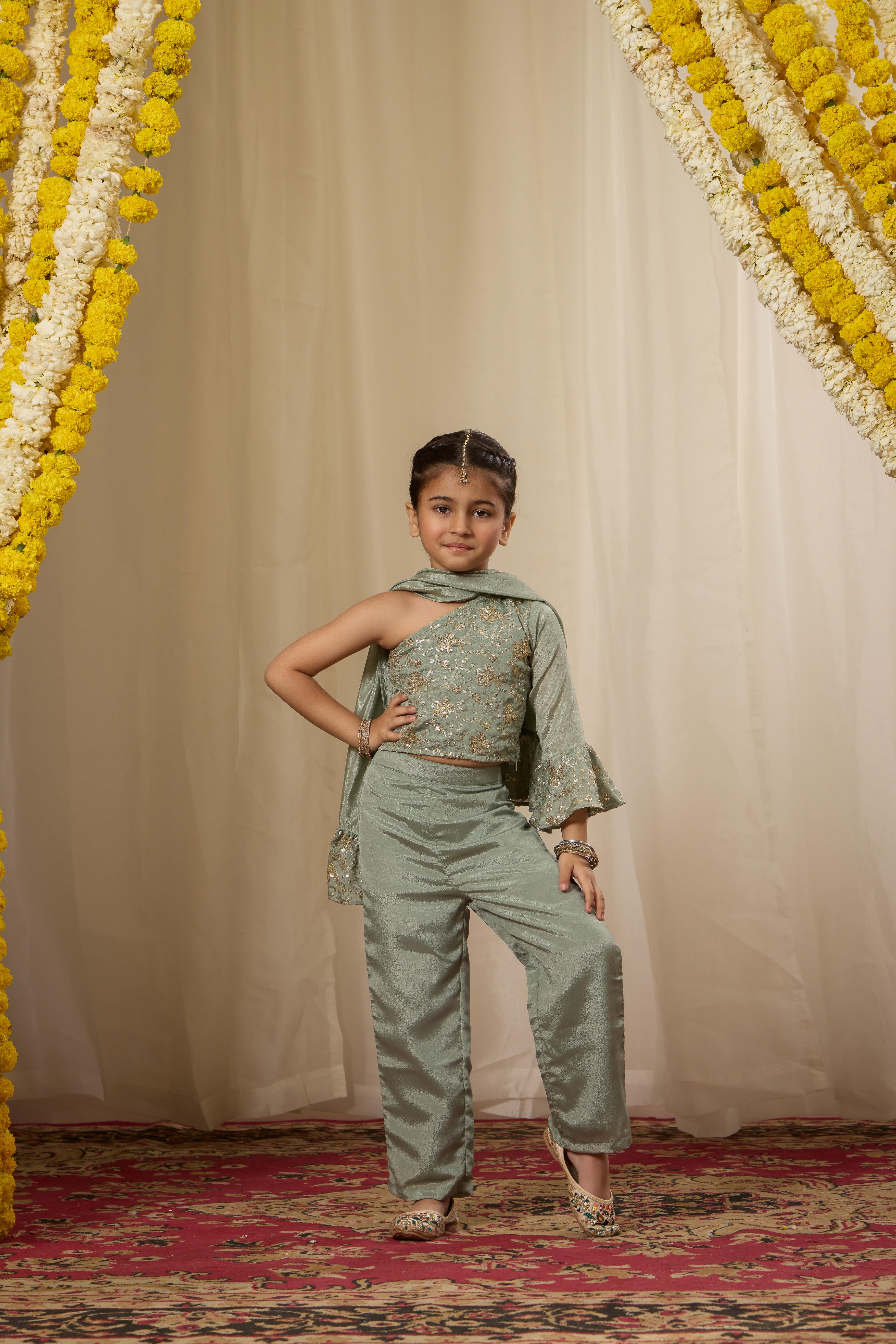 Alaya Kids Smoke Green One Shoulder Fusion Set