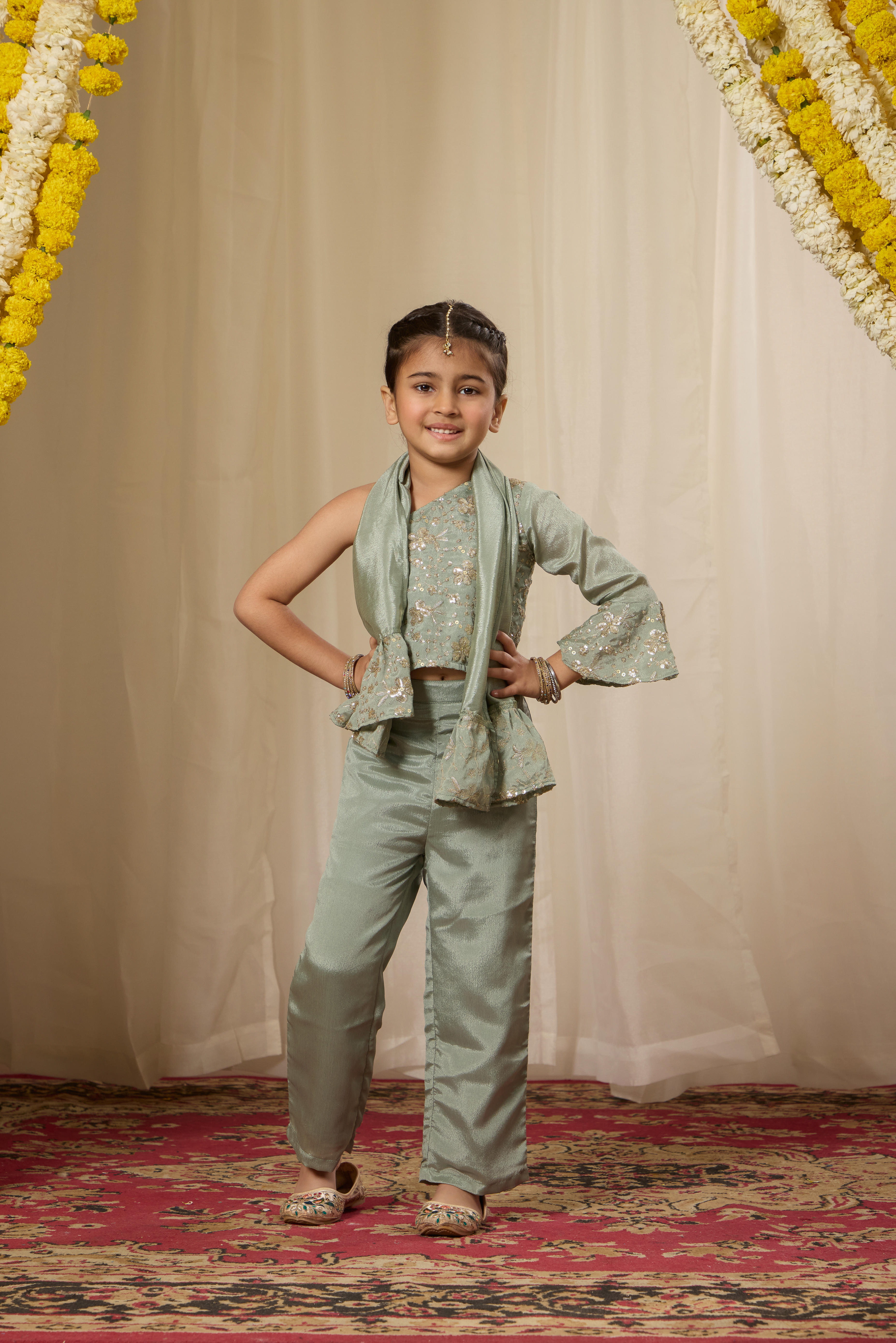 Alaya Kids Smoke Green One Shoulder Fusion Set