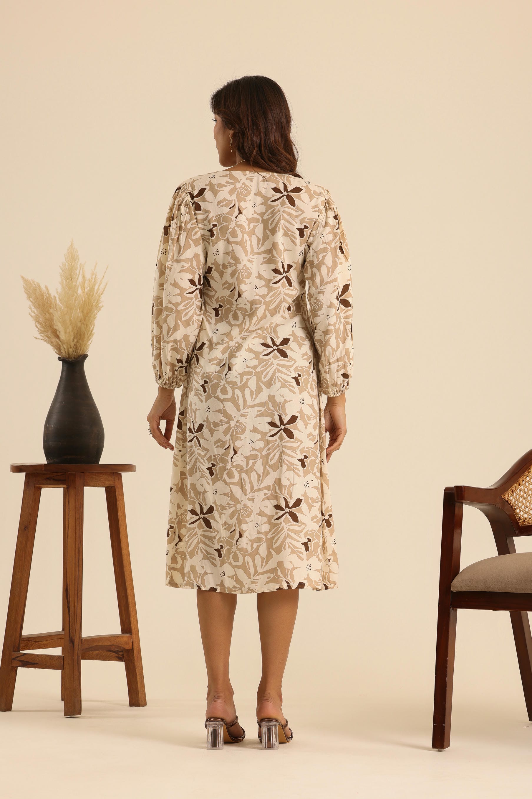 Rangrez Nutty Latte Printed Midi Dress