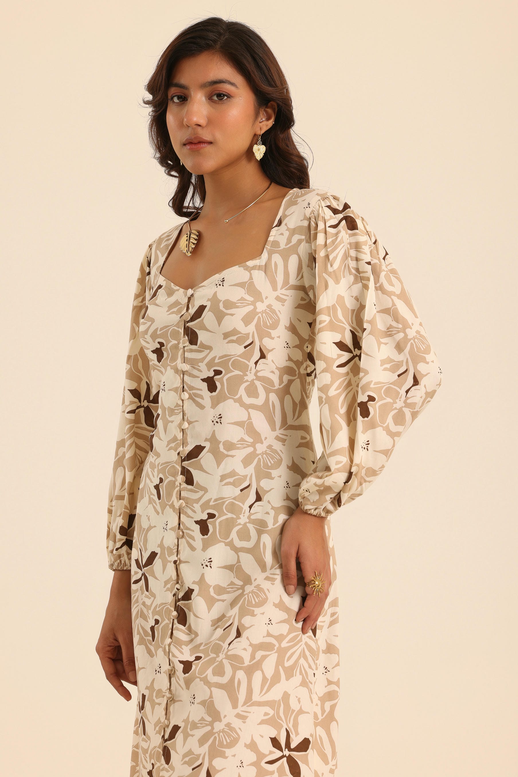 Rangrez Nutty Latte Printed Midi Dress