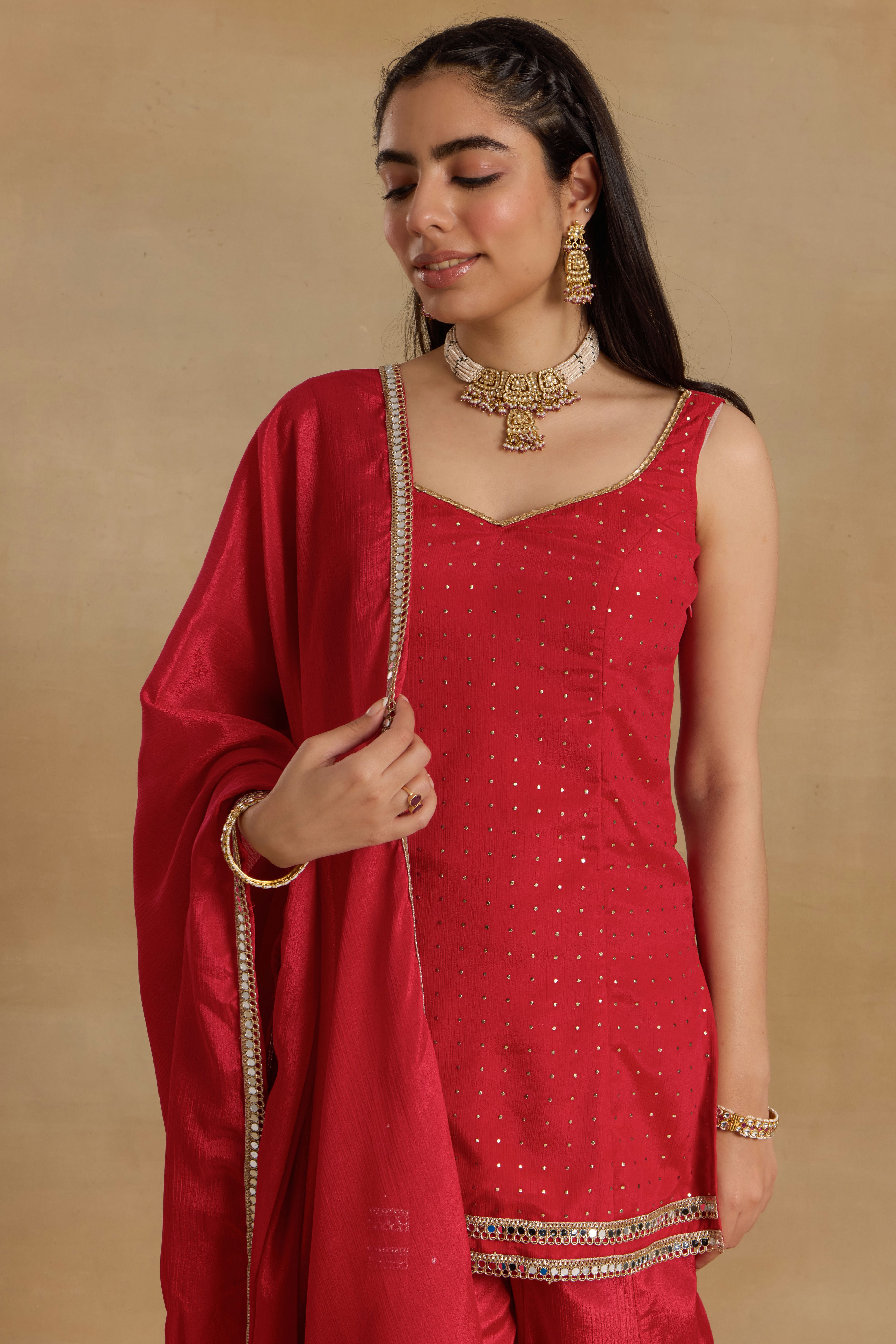 Alaya Heer Proper Patola Red Cami-Sharara Set with Choker Dupatta