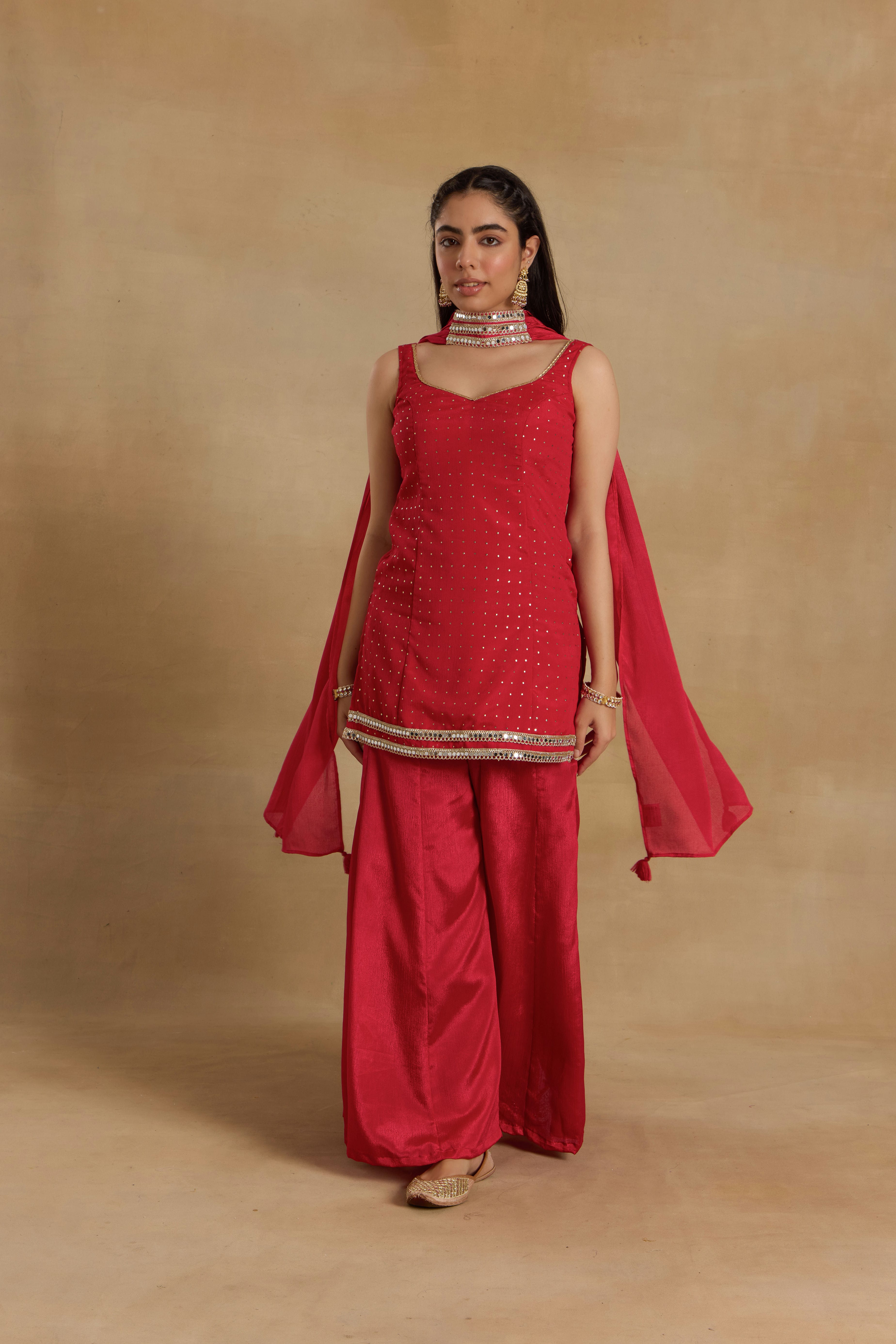 Alaya Heer Proper Patola Red Cami-Sharara Set with Choker Dupatta