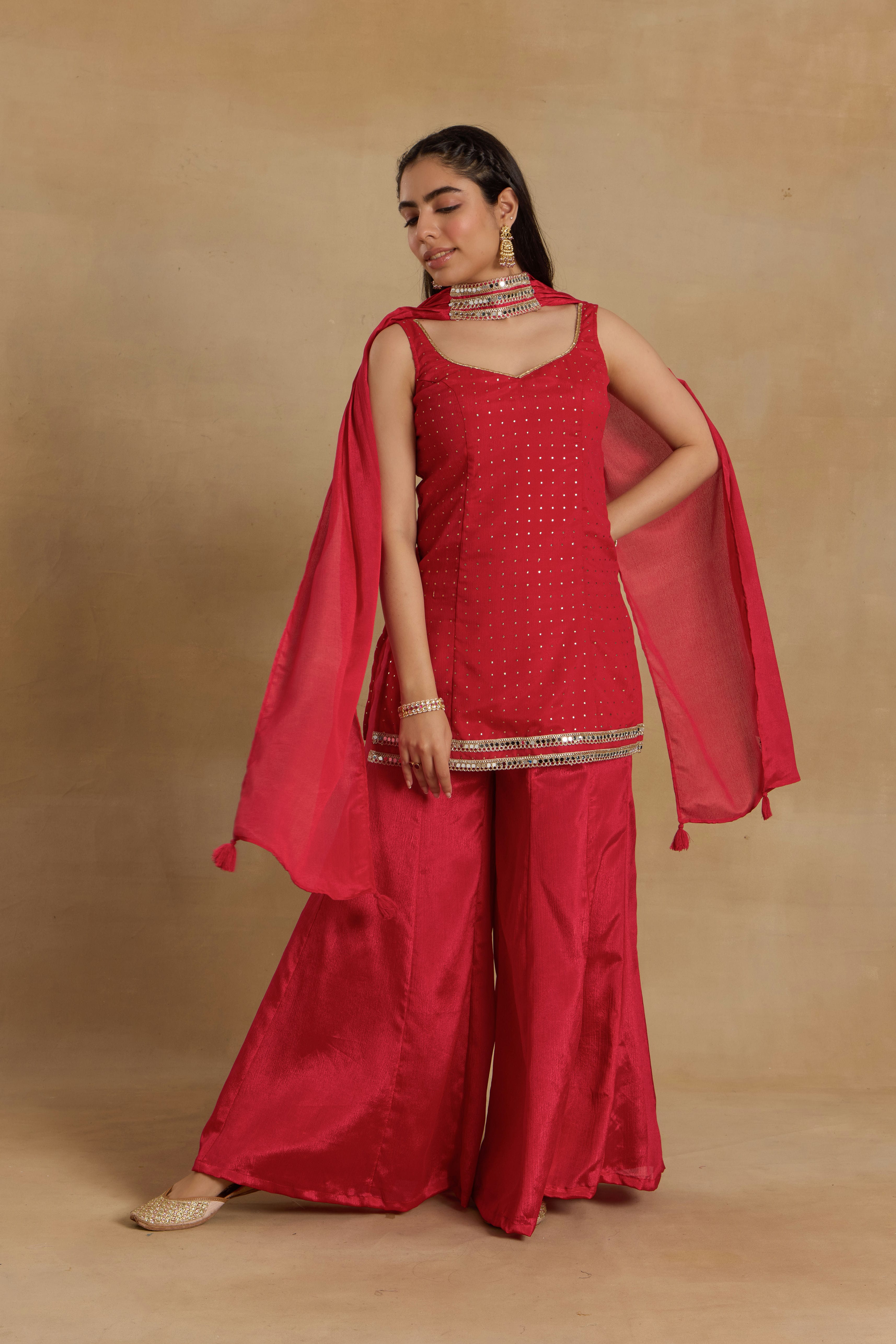 Alaya Heer Proper Patola Red Cami-Sharara Set with Choker Dupatta