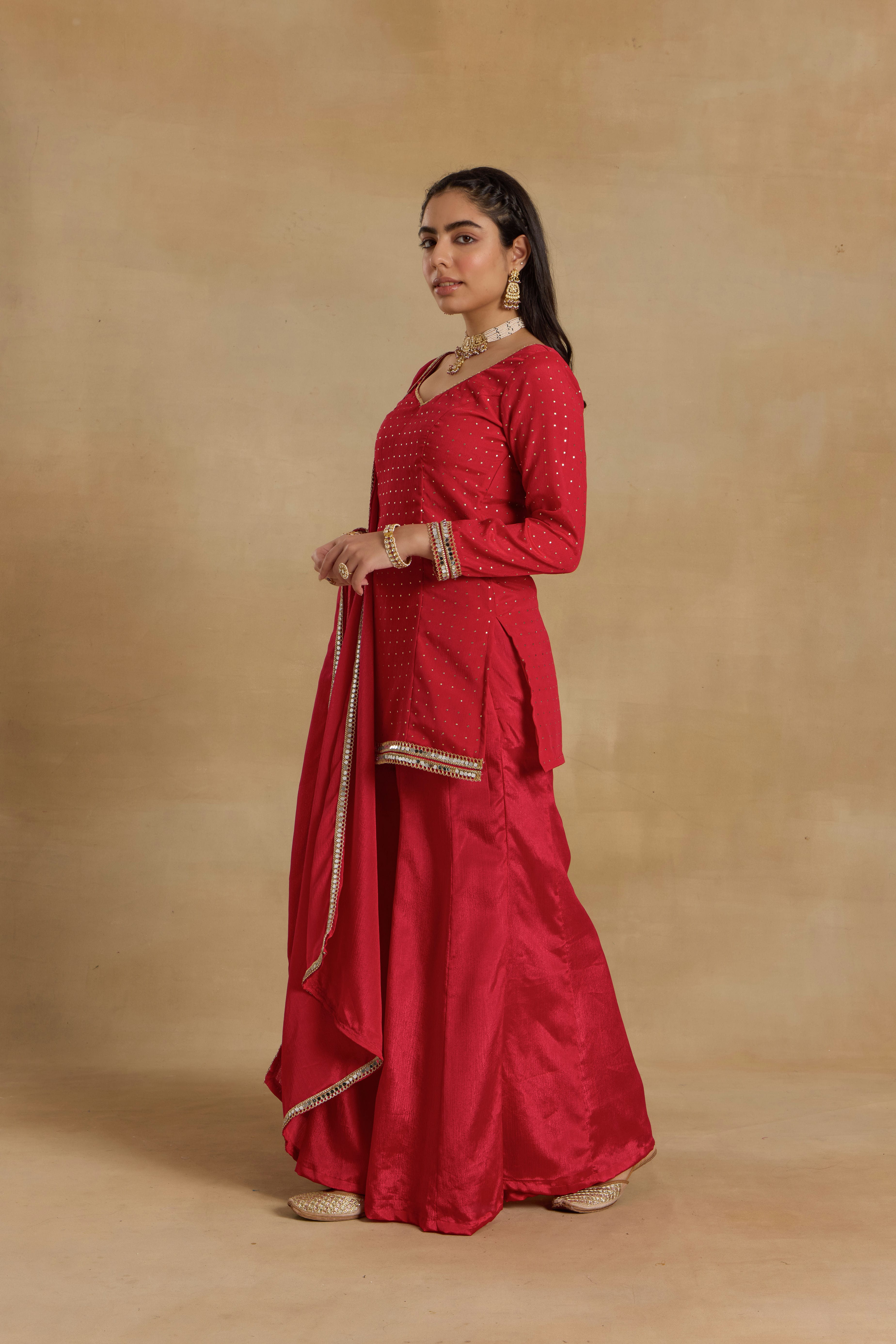 Alaya Heer Red Desi Diva Cami-sharara Set with Choker Dupatta