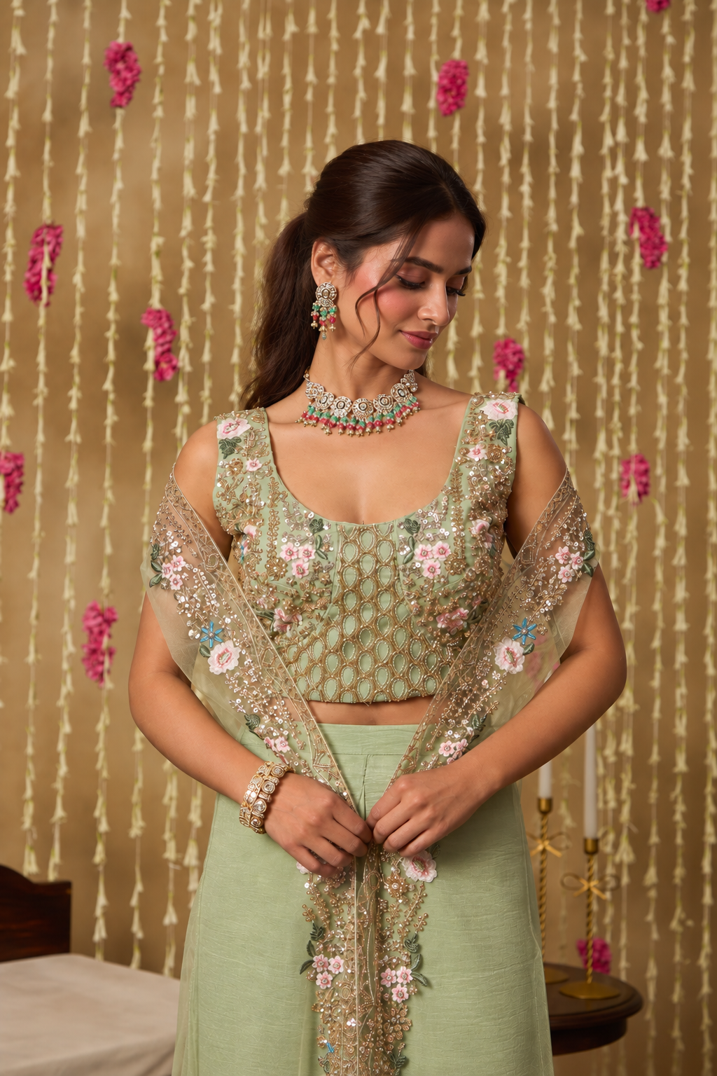 Jhoom Mint Embroidered Overlay Set