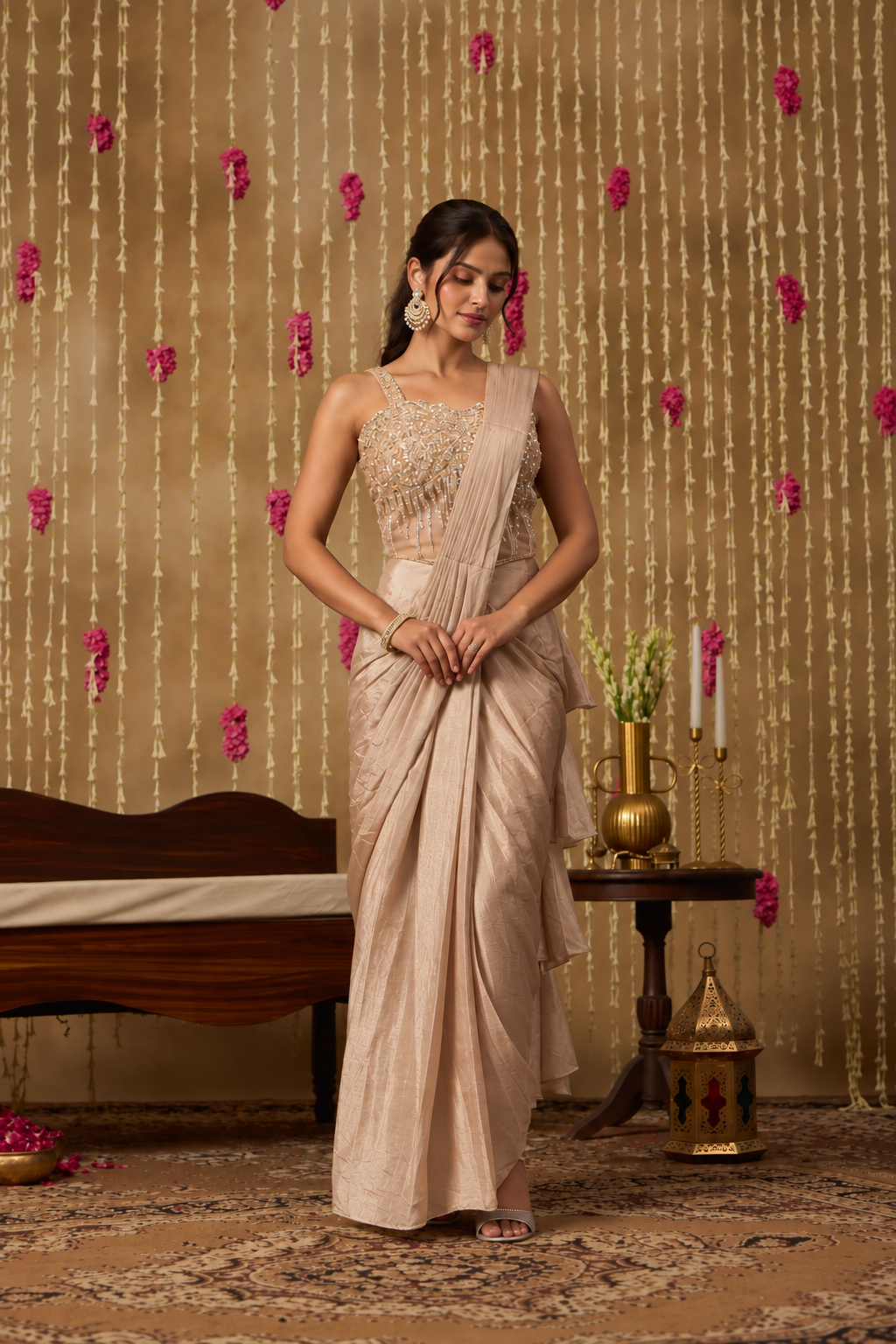Jhoom Beige Sequin Saree Set