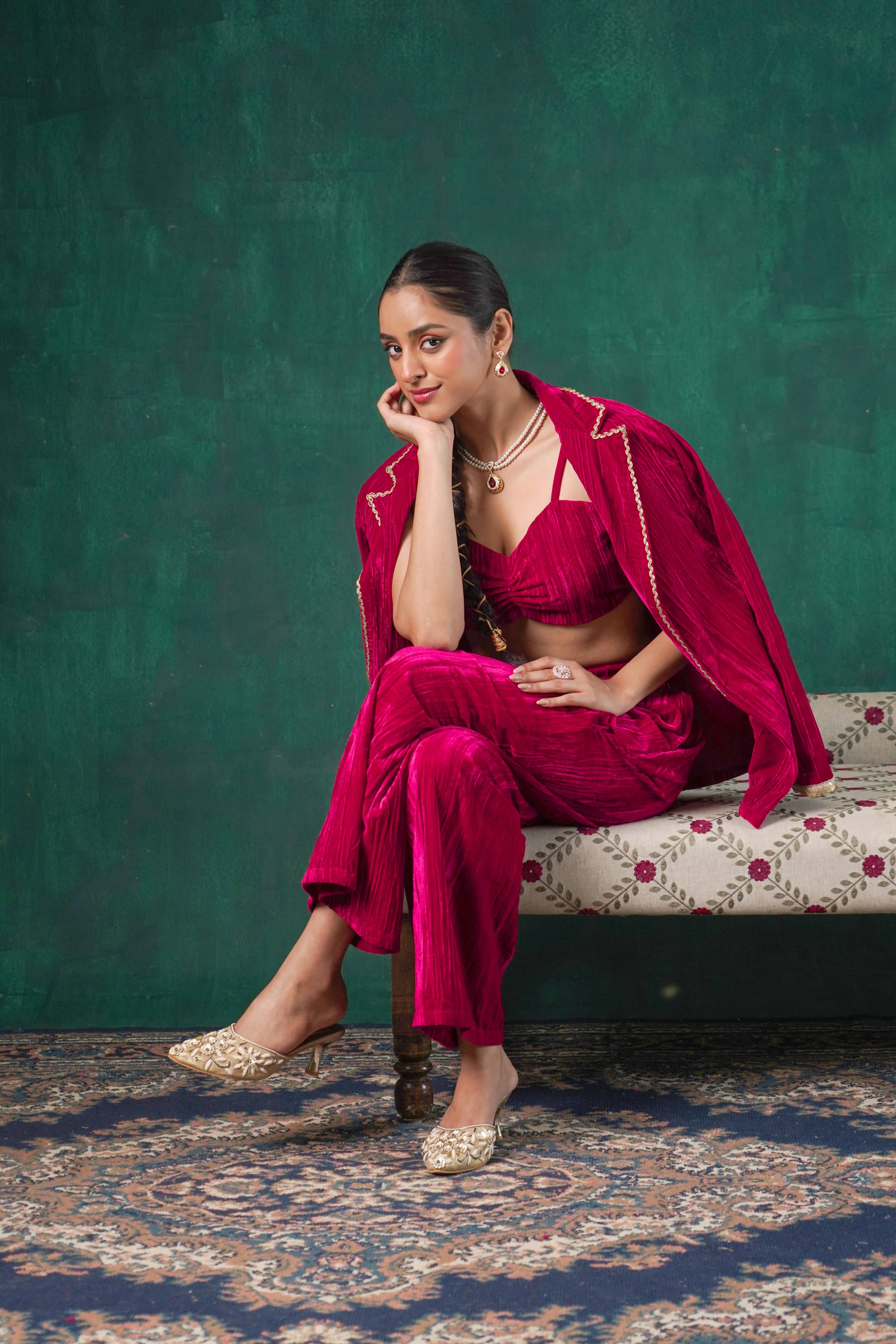 Rutba Fuchsia Velvet Blazer Set
