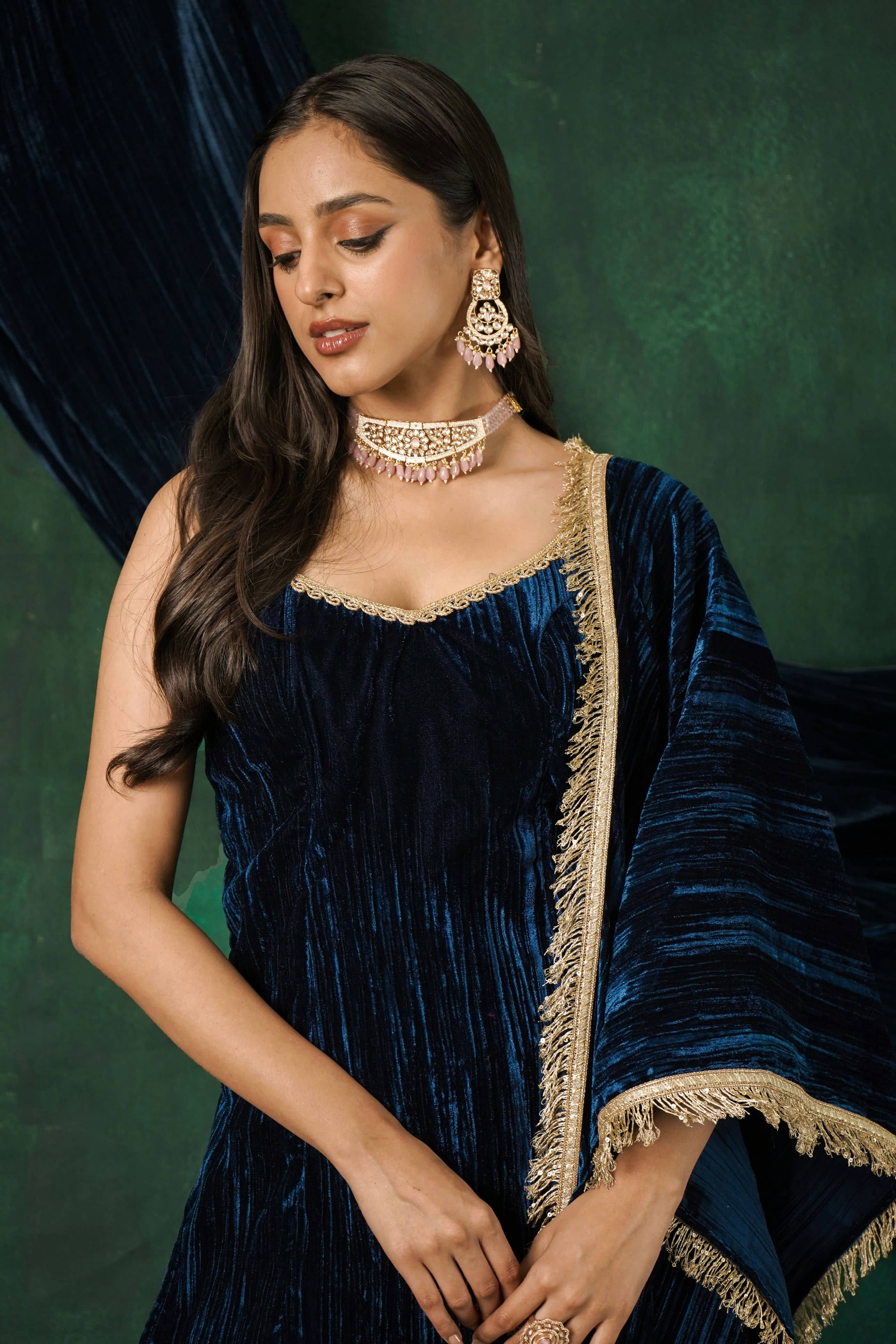 Rutba Navy Velvet Cami Kurta