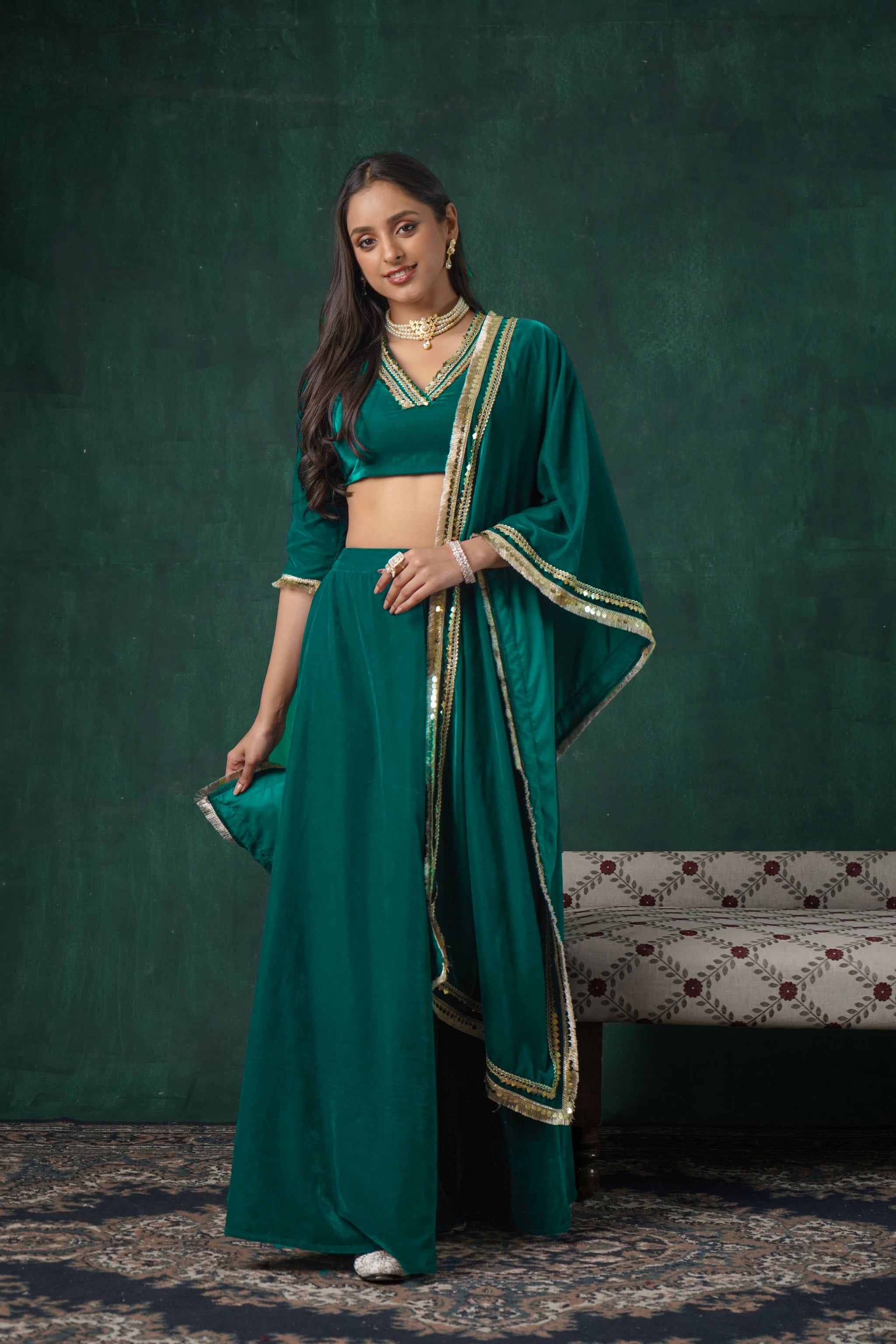Green leher revati lehenga set main image 0