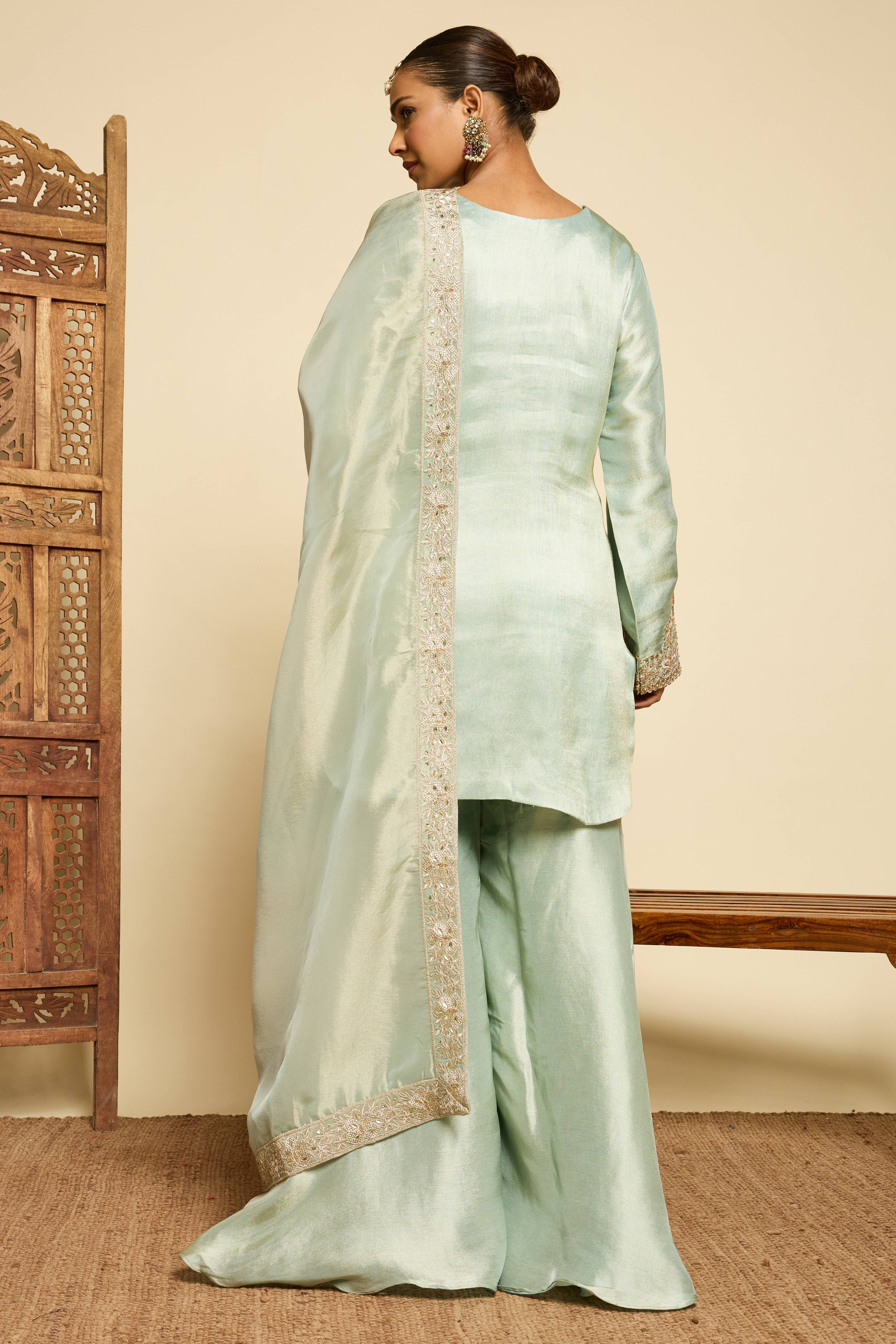 Malang Celadon Silk Gharara Set