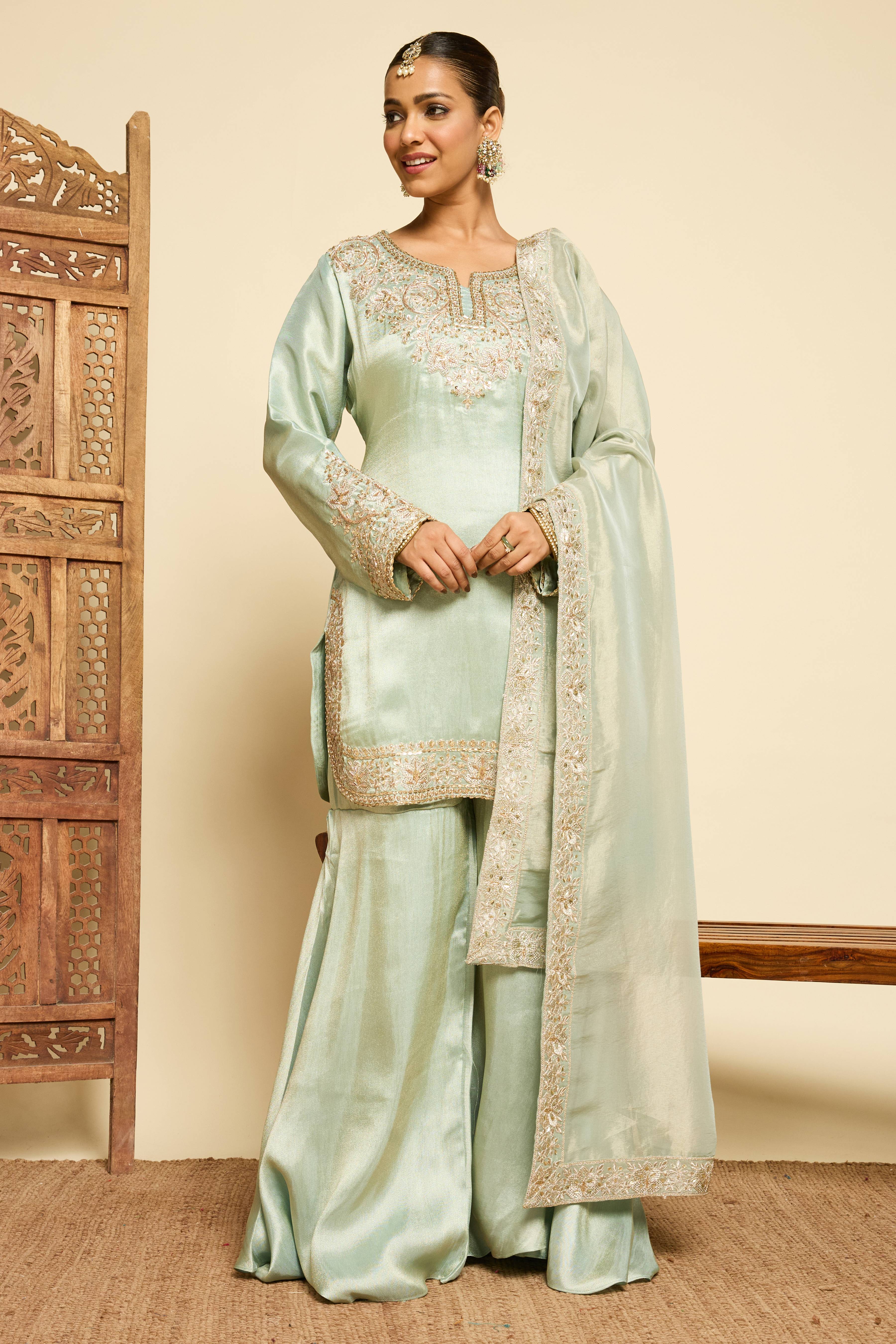 Malang Celadon Silk Gharara Set