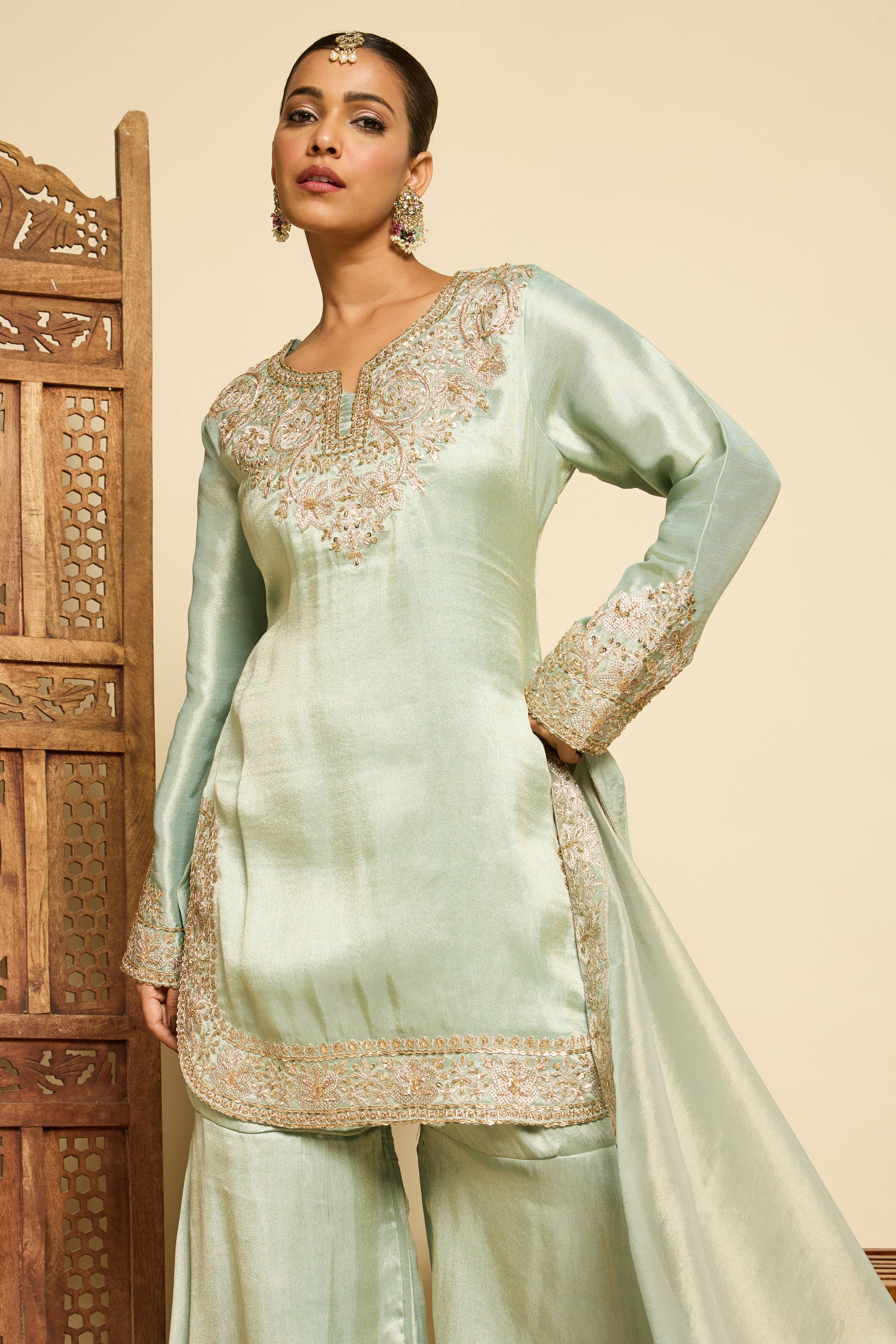 Malang Celadon Silk Gharara Set
