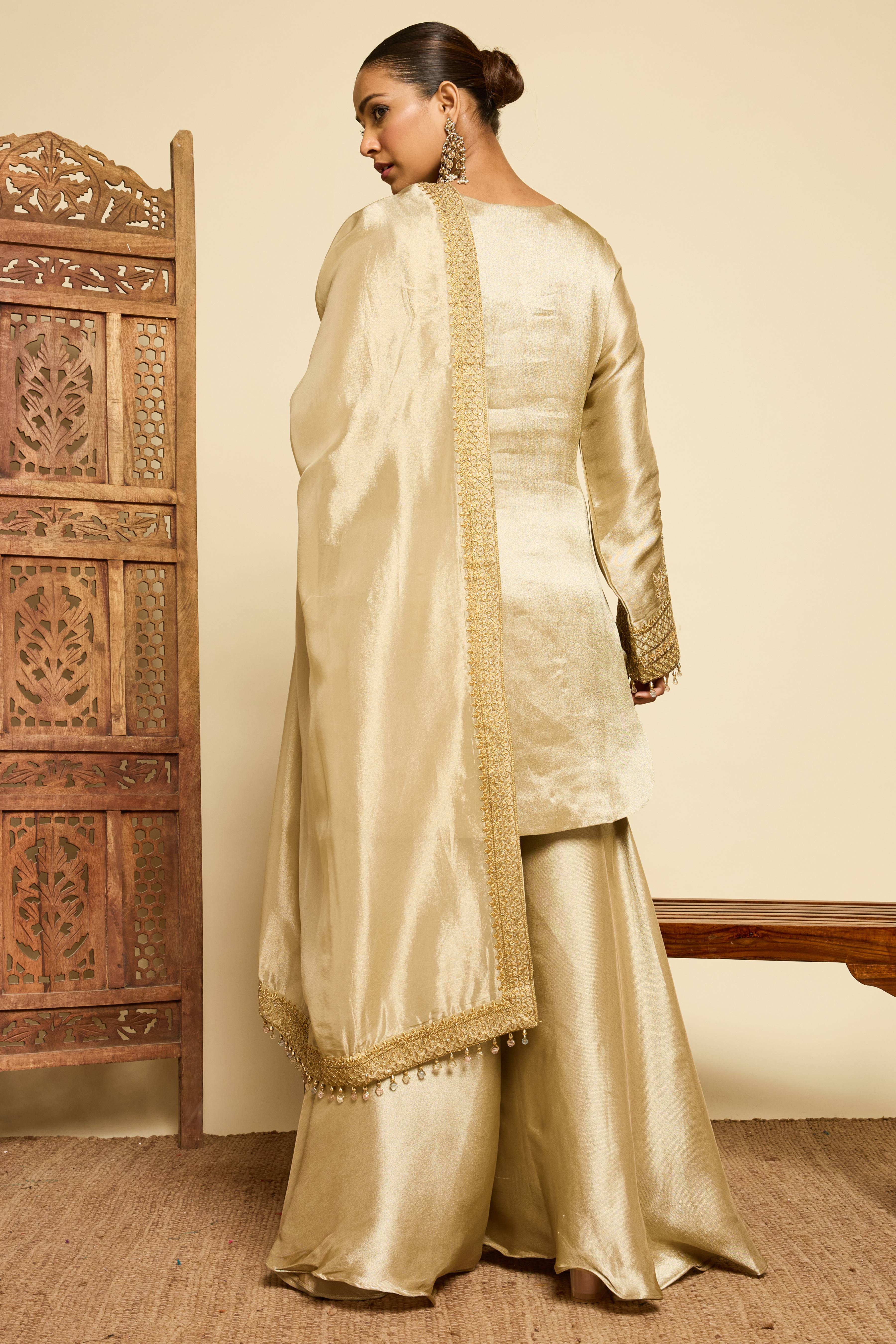 Malang Champagne Silk Sharara Set