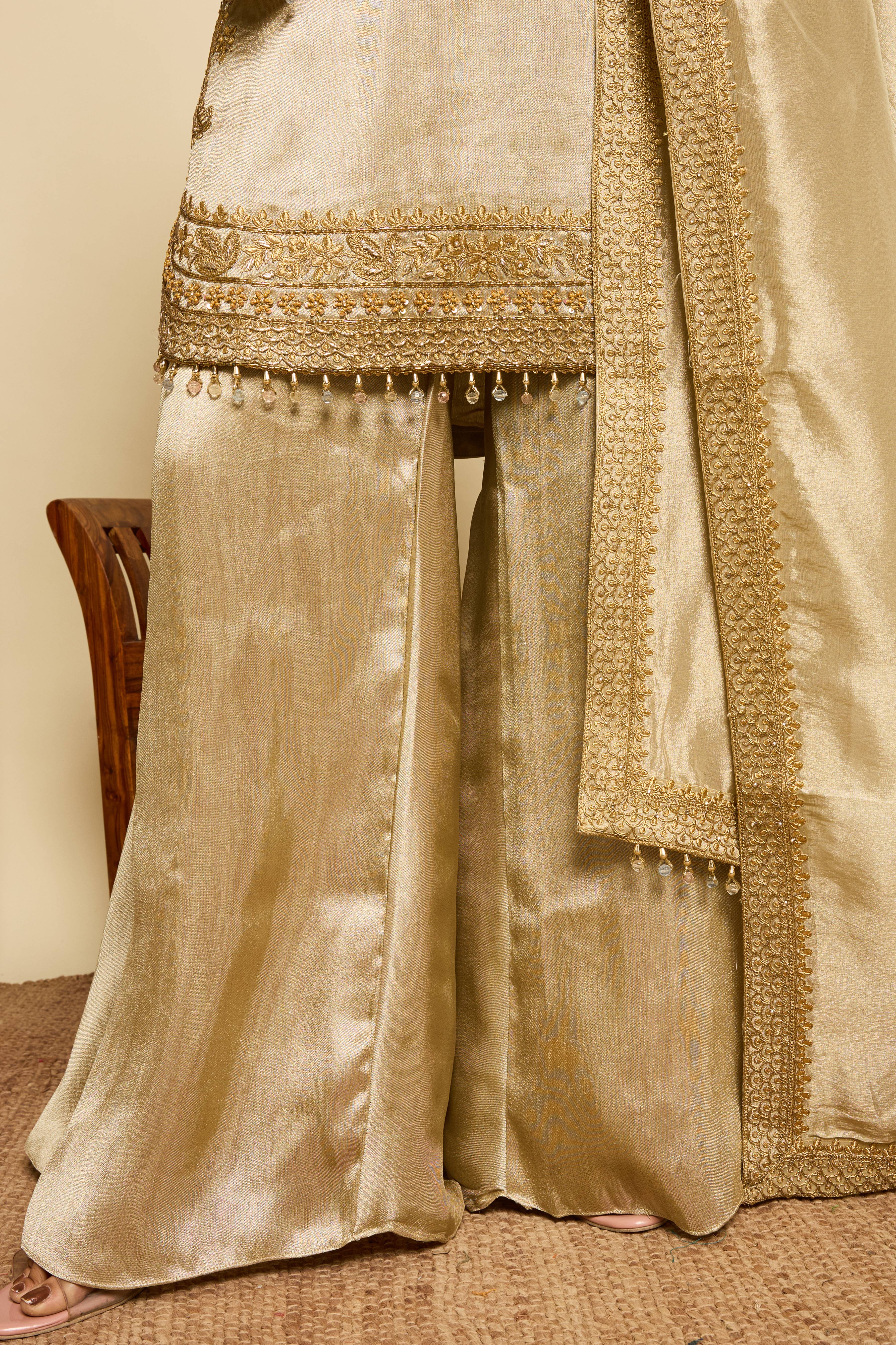 Malang Champagne Silk Sharara Set