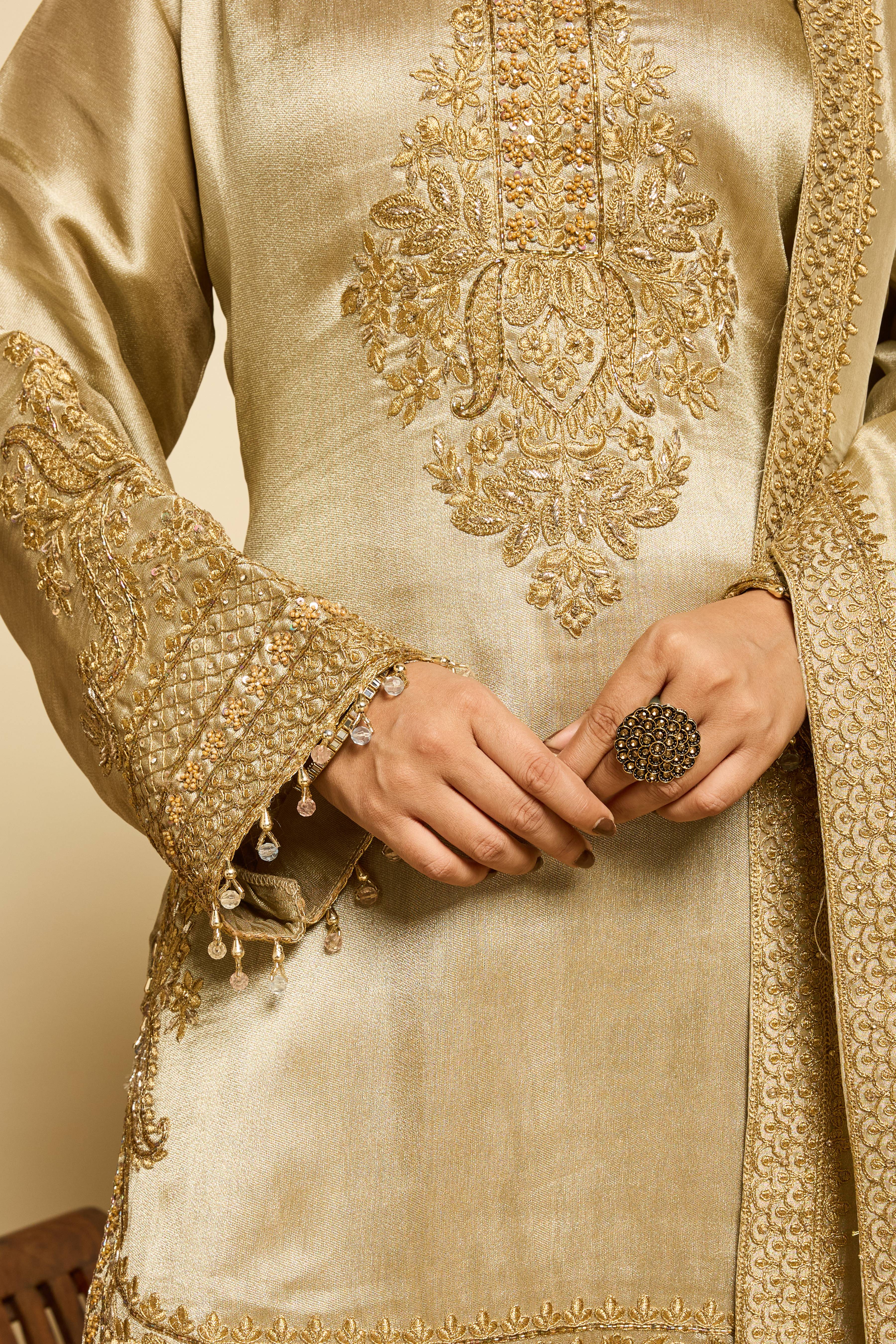 Malang Champagne Silk Sharara Set