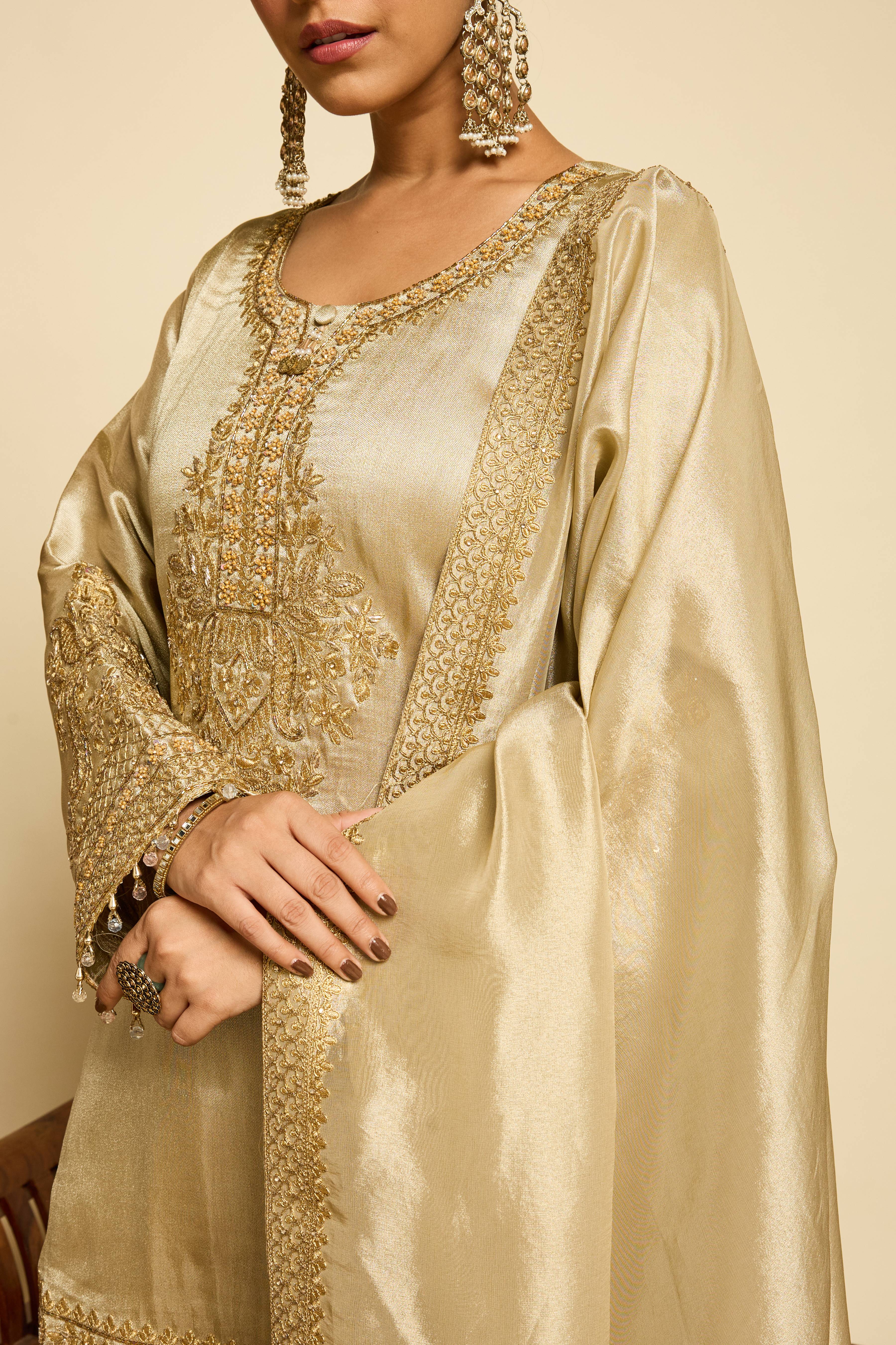 Malang Champagne Silk Sharara Set