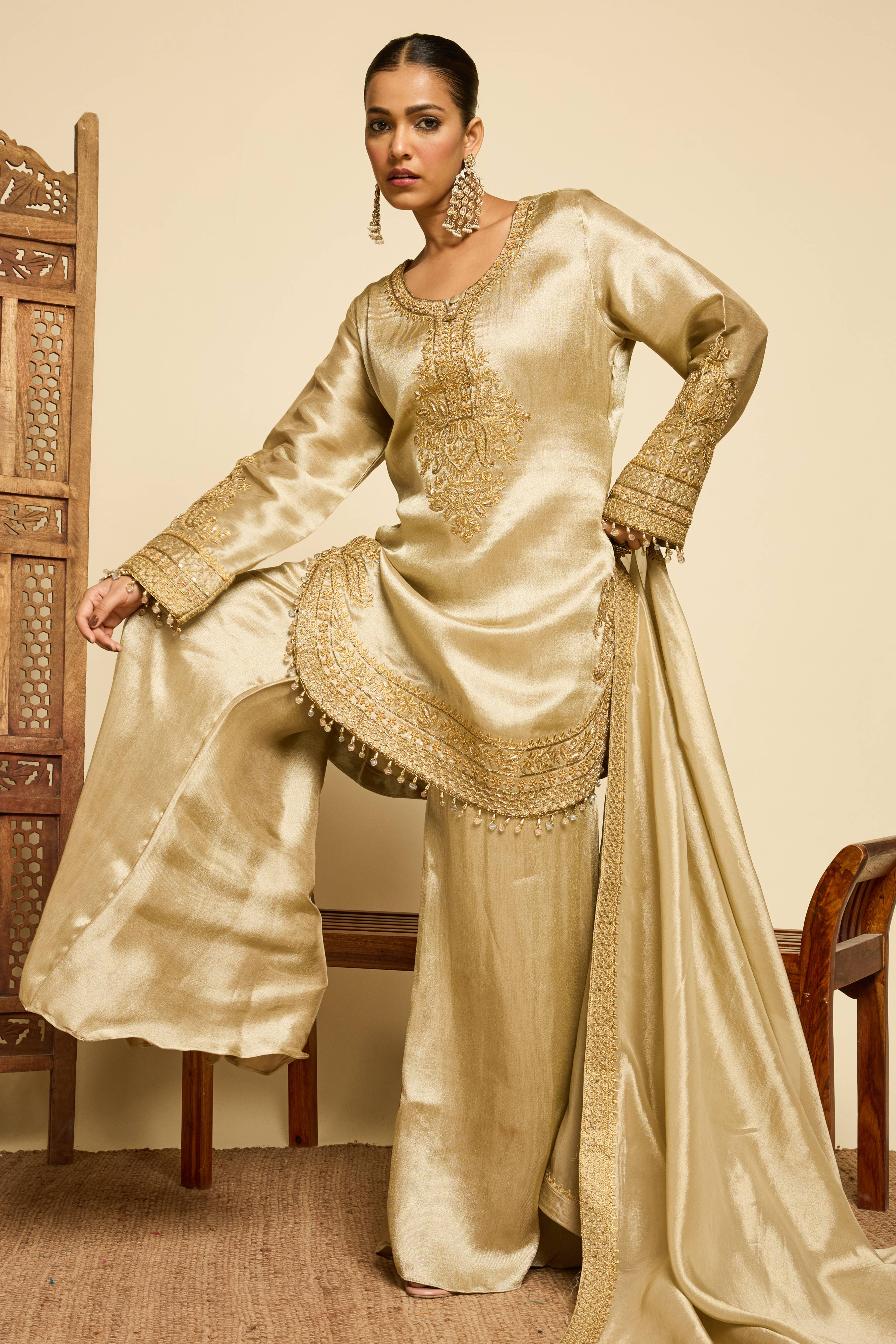 Malang Champagne Silk Sharara Set