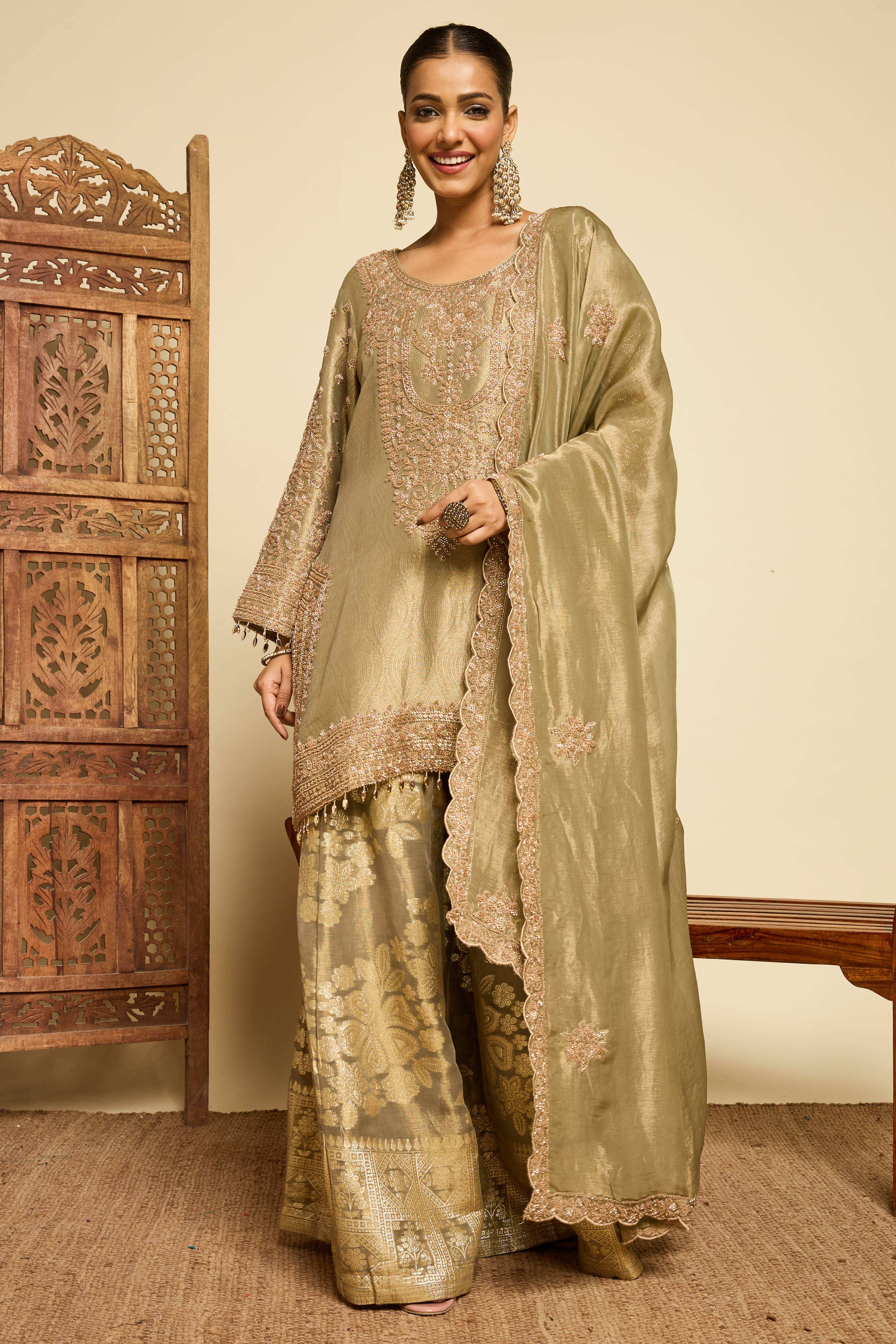 Malang Sage Brocade Sharara Set