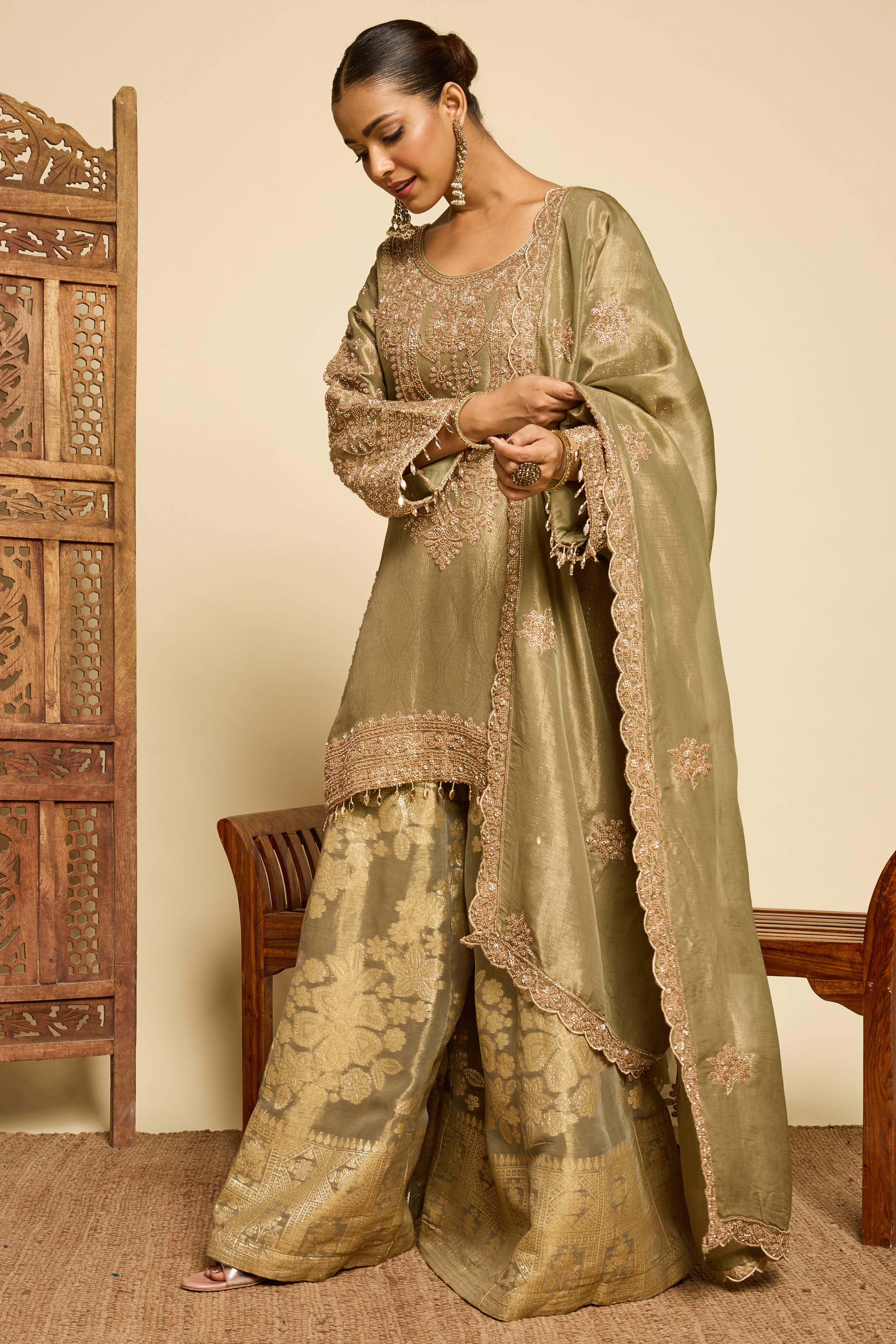 Malang Sage Brocade Sharara Set