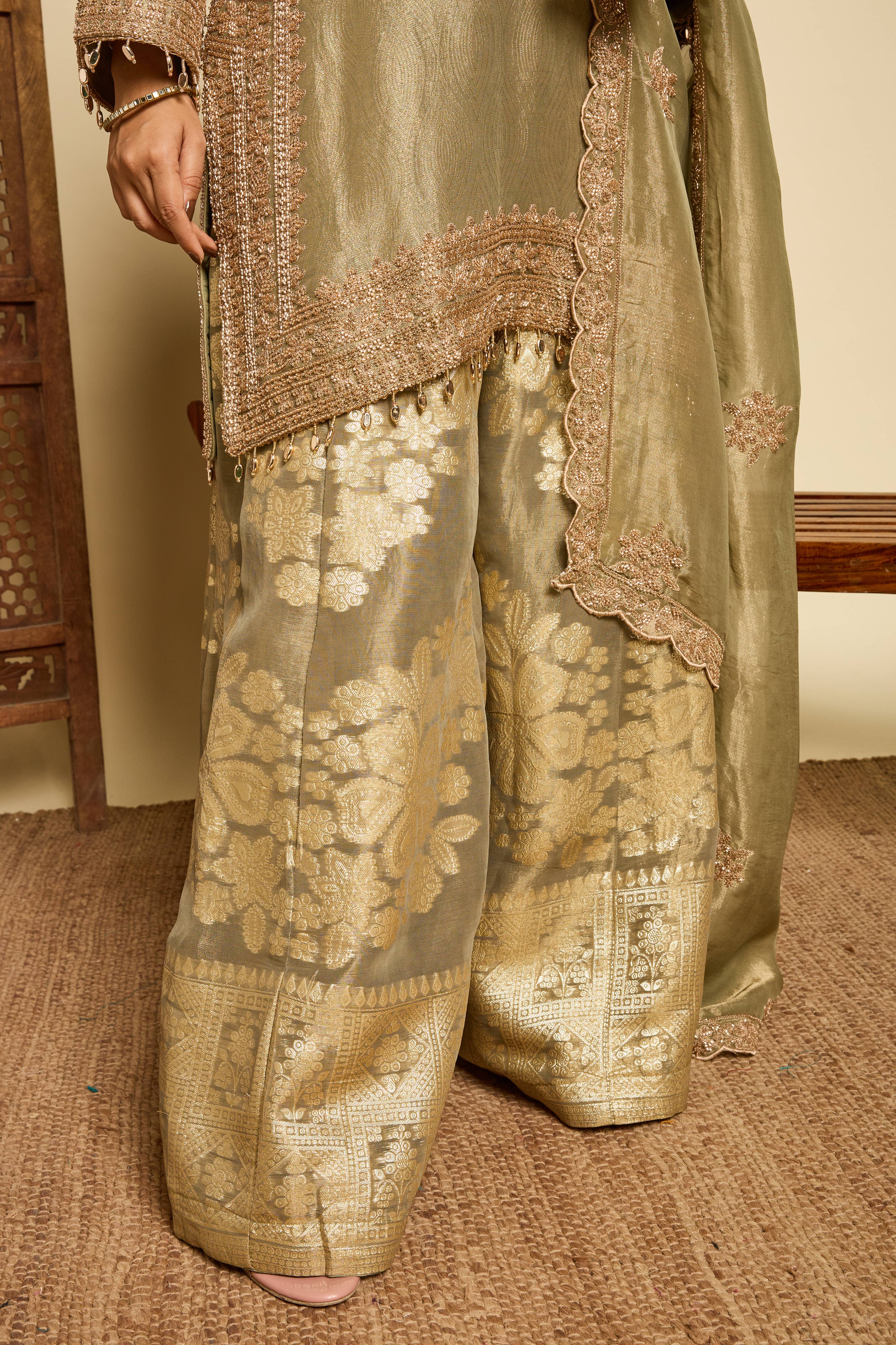 Malang Sage Brocade Sharara Set