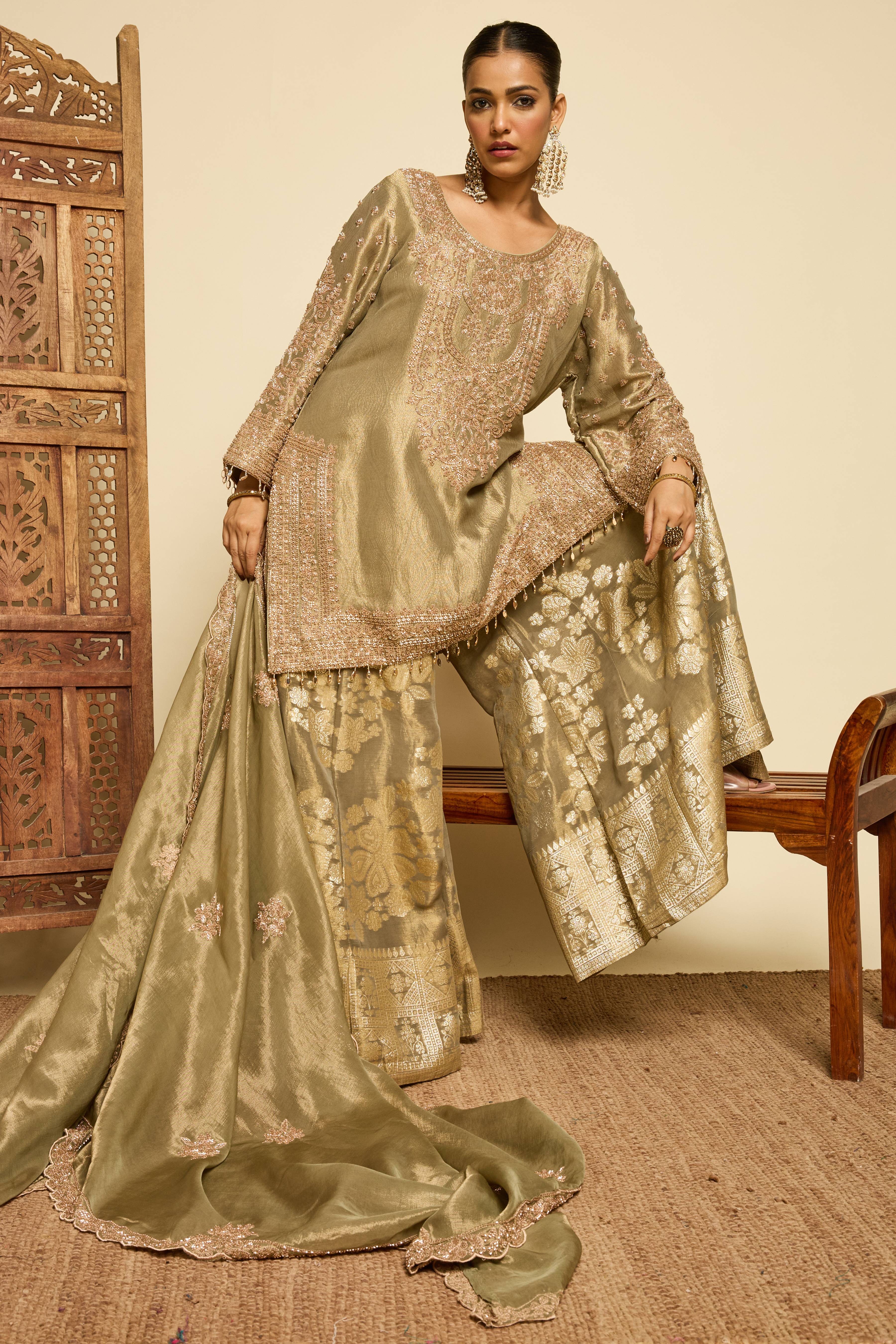 Malang Sage Brocade Sharara Set