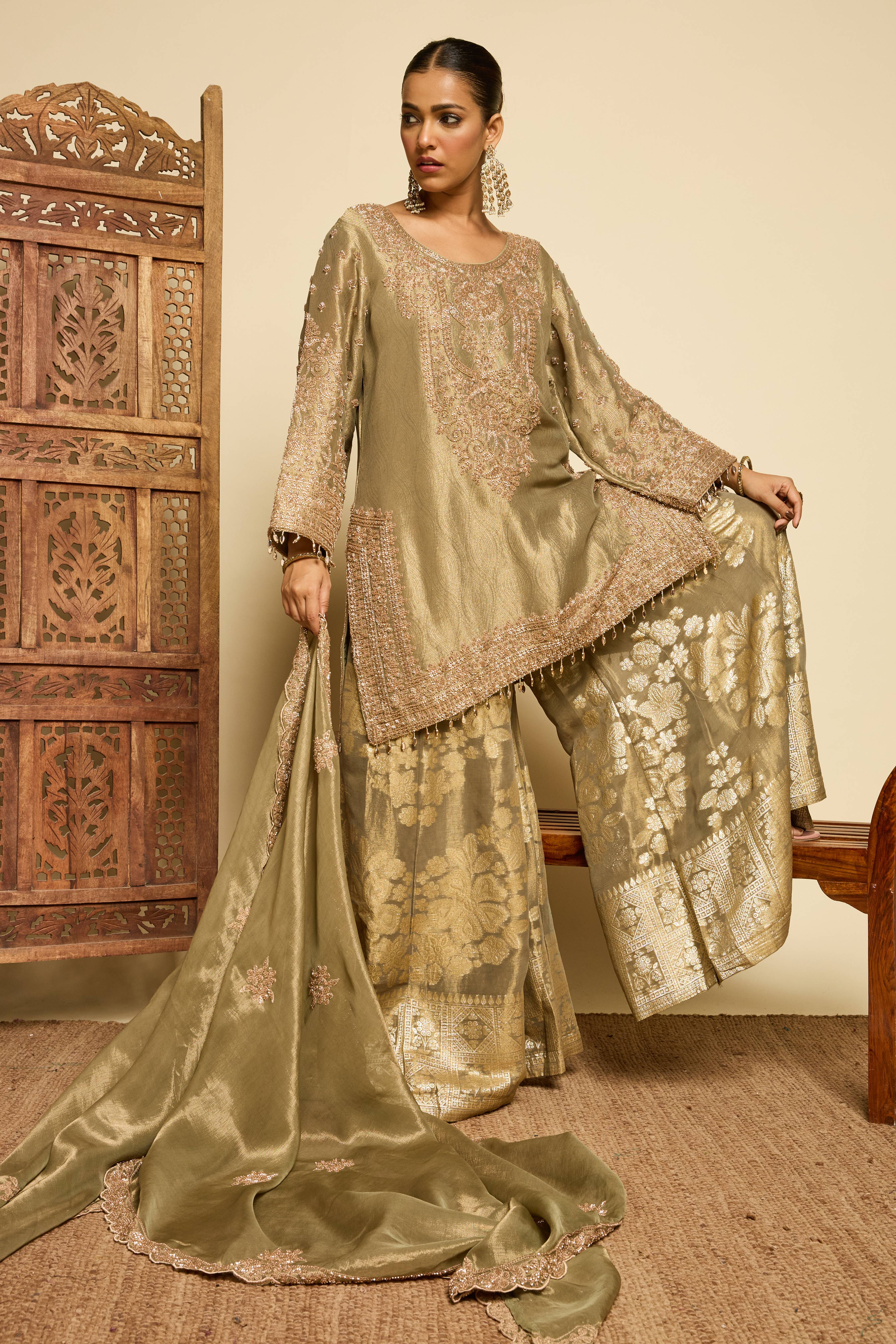 Malang Sage Brocade Sharara Set