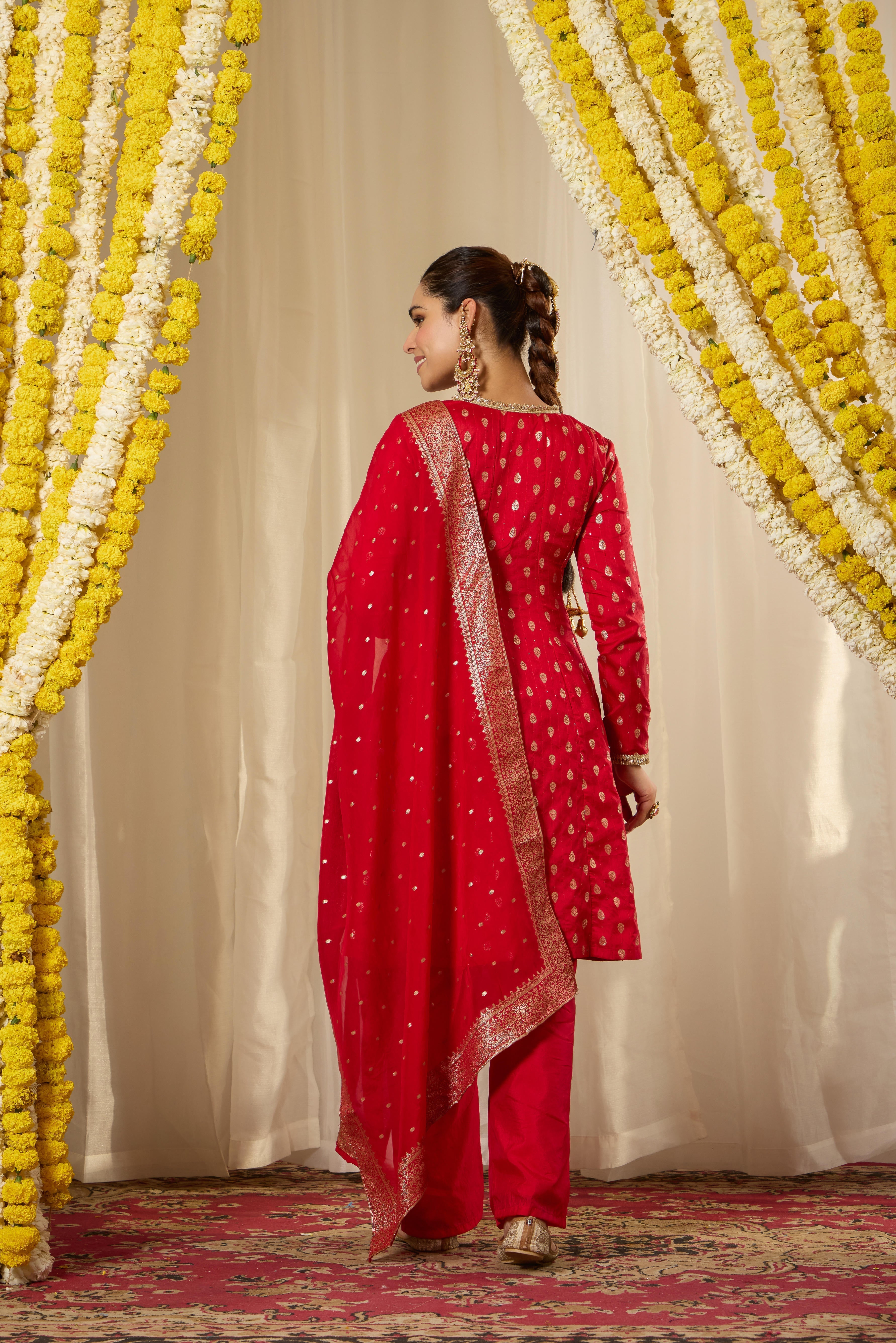 Malang Shahi Red Angrakha Anarkali Set