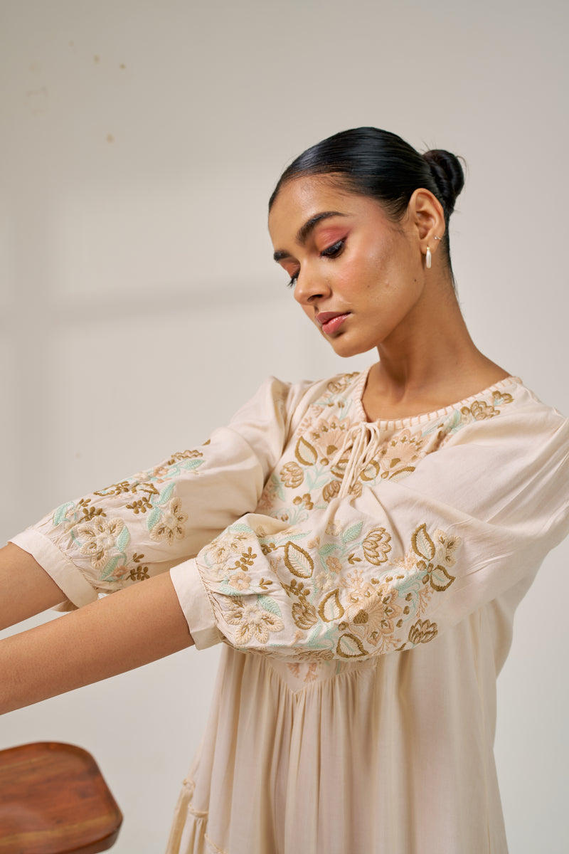 Alaya Meher Beige Bloom Embroidered Dress