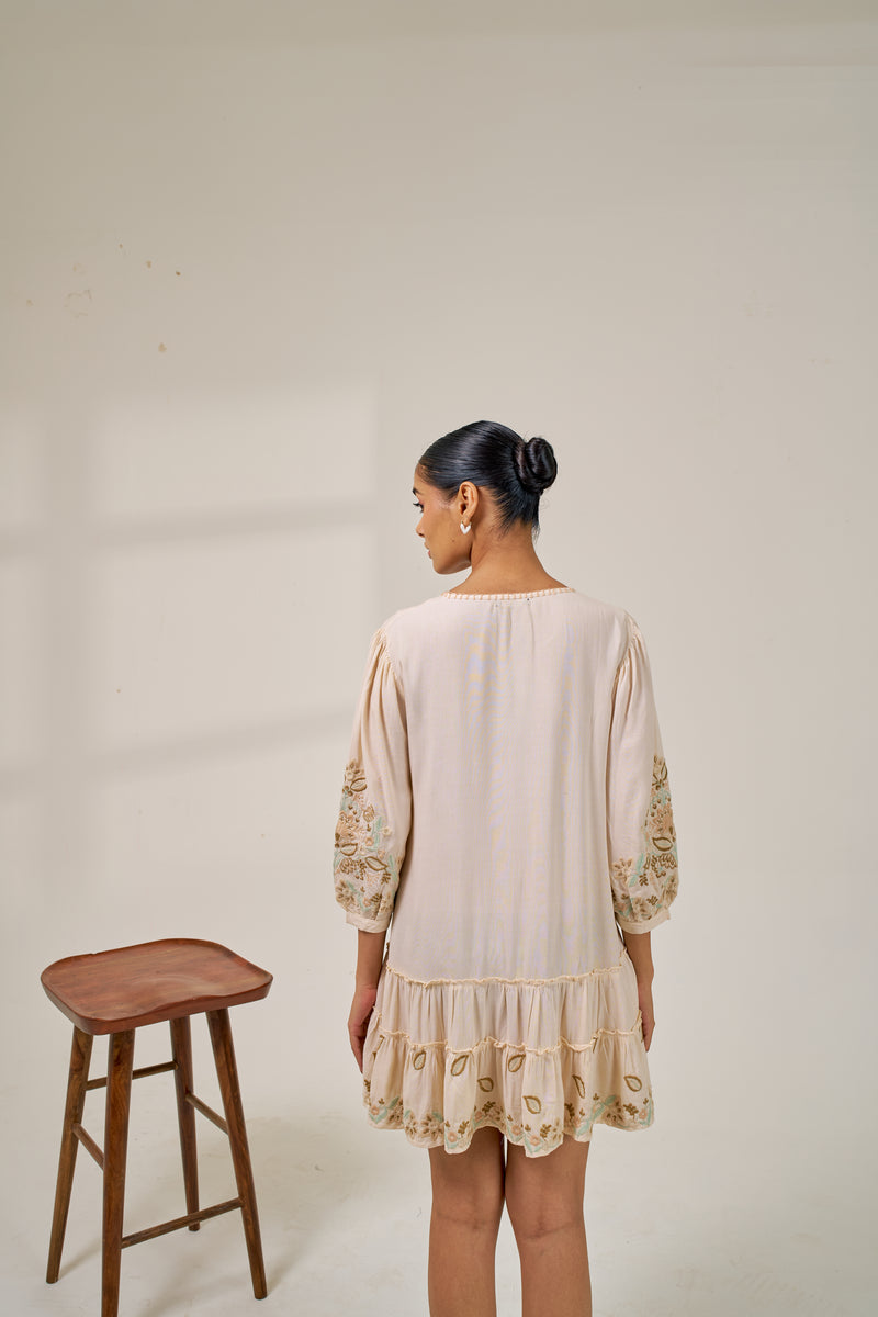 Alaya Meher Beige Bloom Embroidered Dress