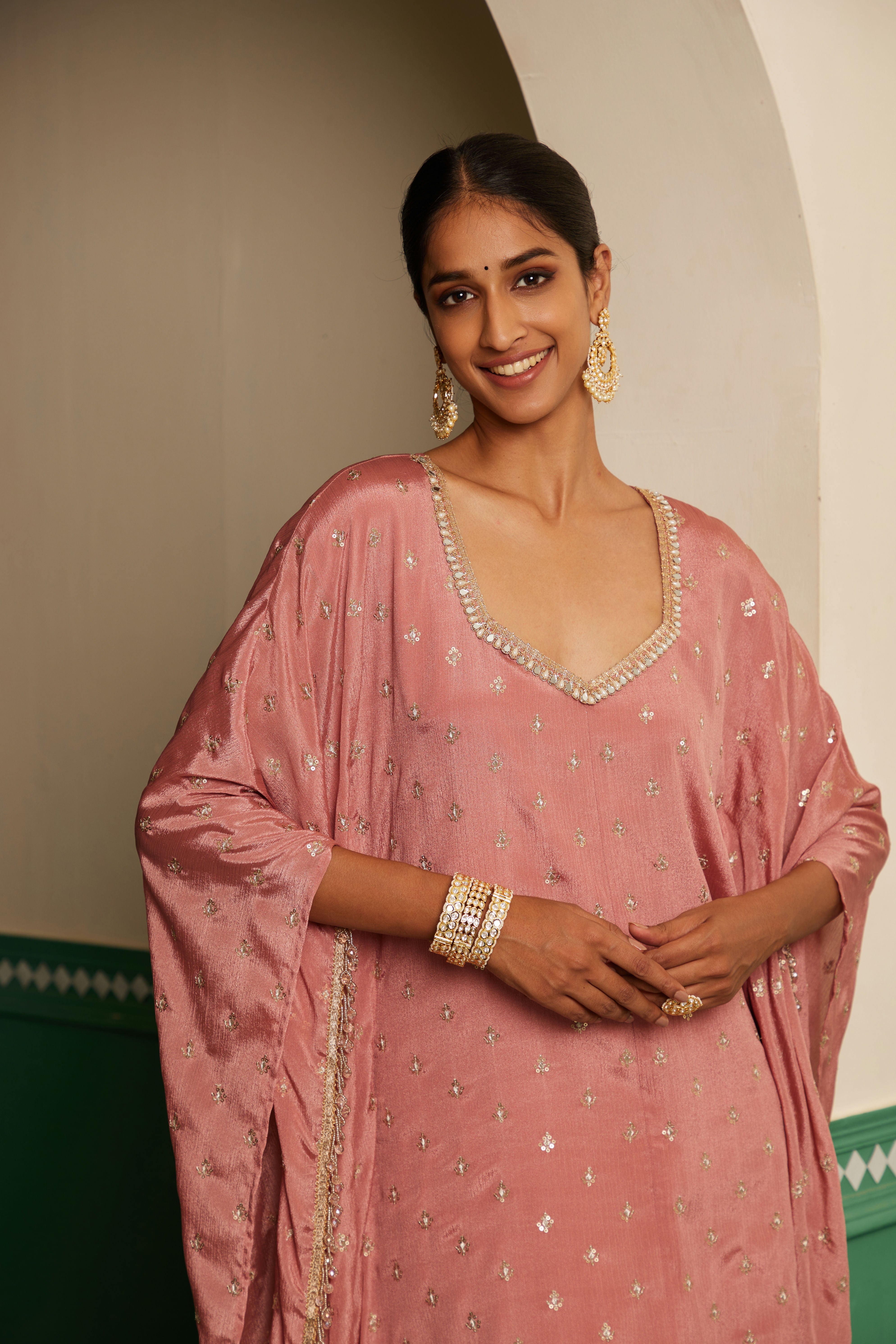 Sajda Onion Pink Embroidered Kaftan