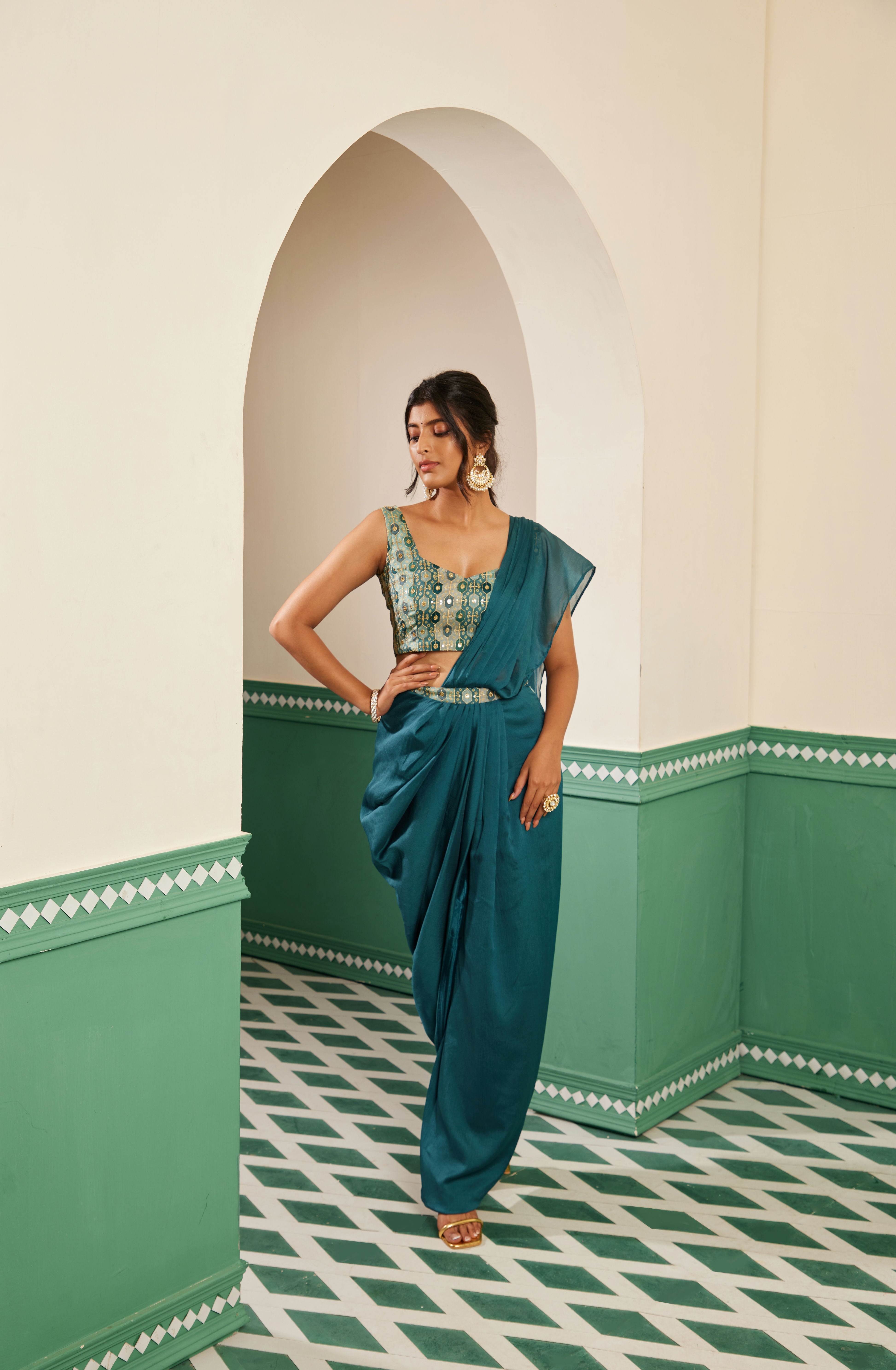 Sajda Teal Draped Dhoti Sari Set