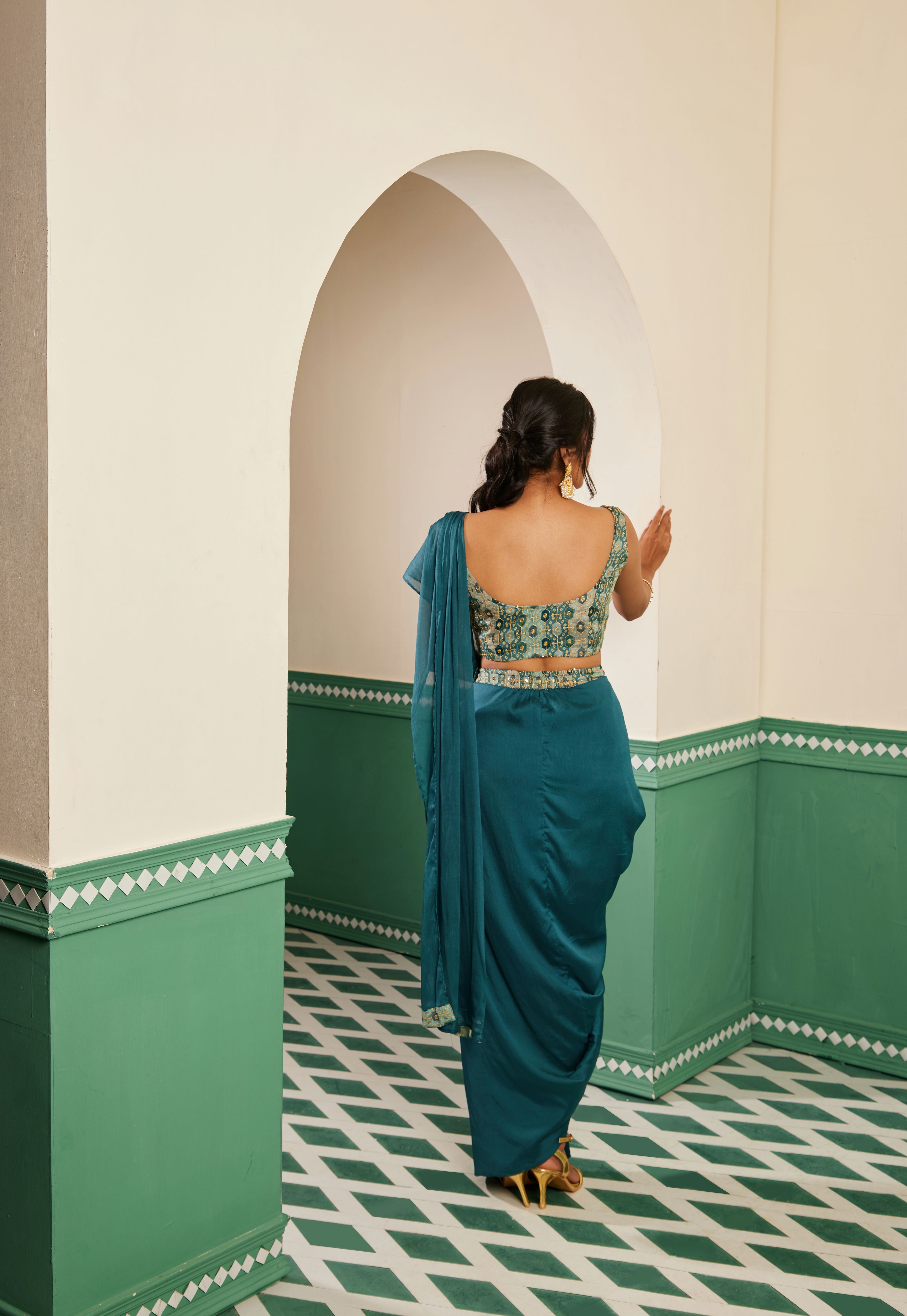 Sajda Teal Draped Dhoti Sari Set