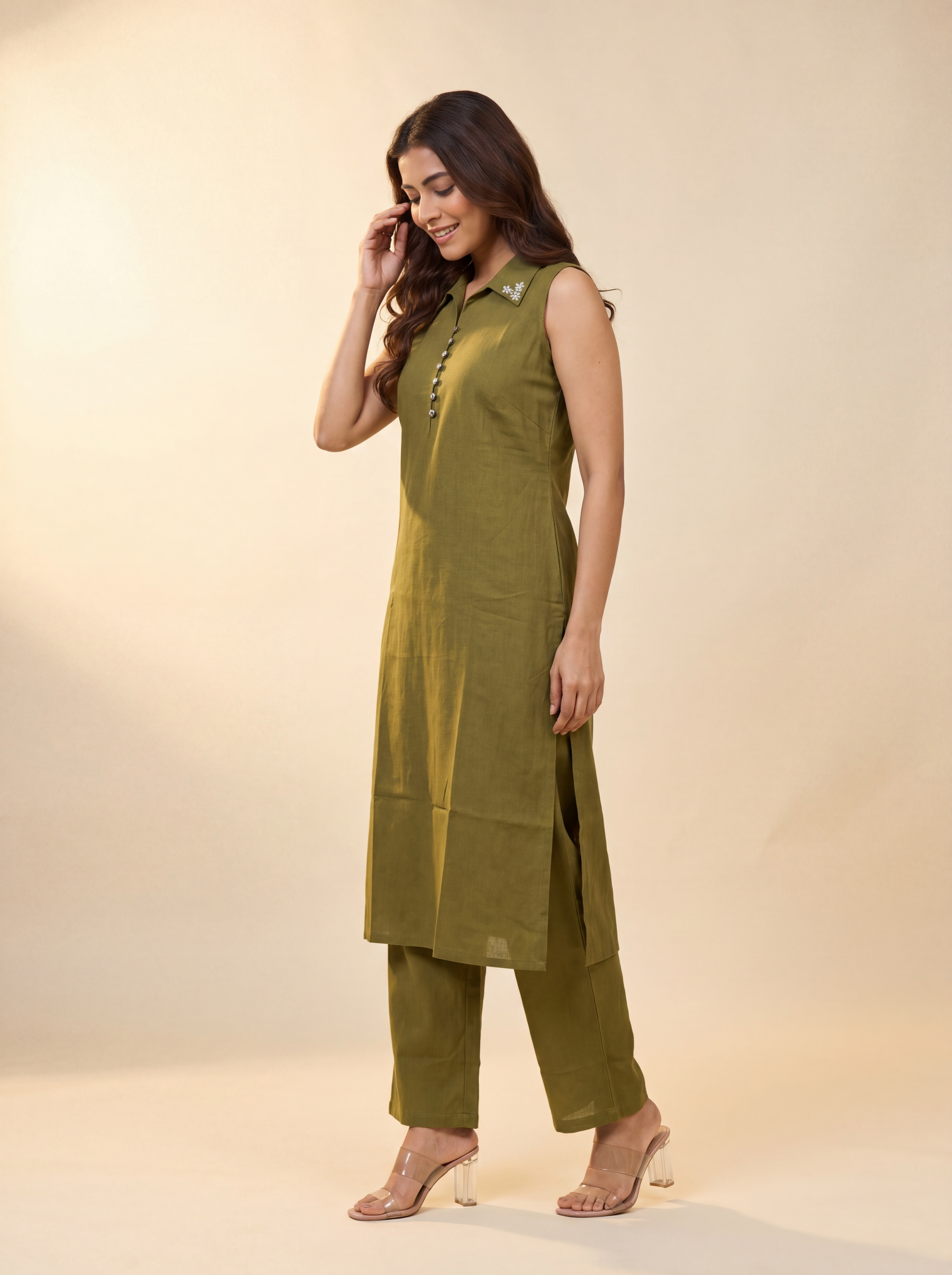 Alaya Select Olive Petal Collar Kurta Set
