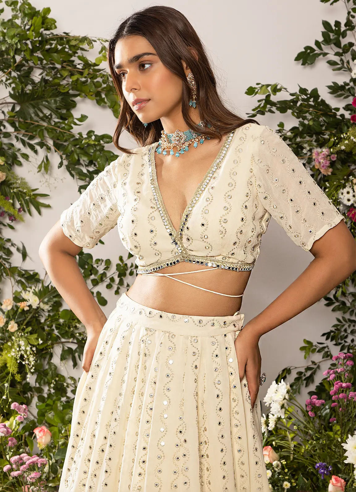 astoria Ivory Mirror Work Tie-Up Blouse