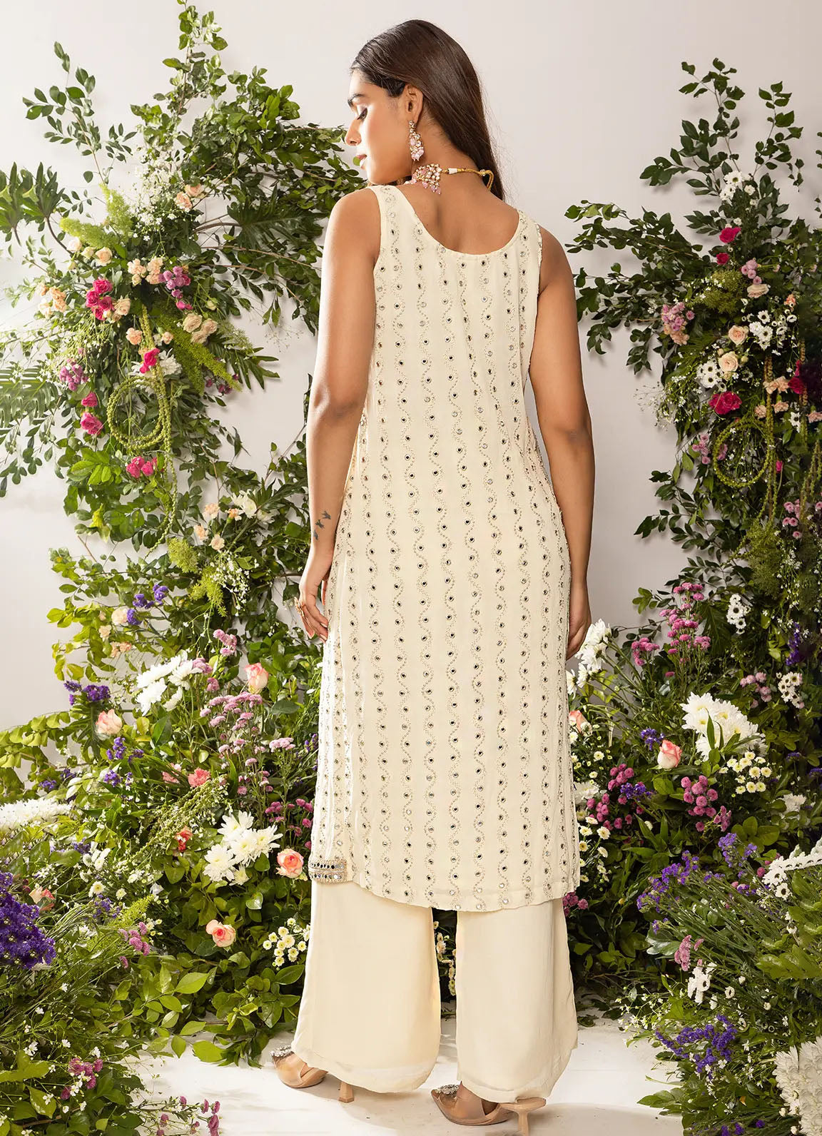 astoria Ivory Mirror Work Front Slit Kurta Set