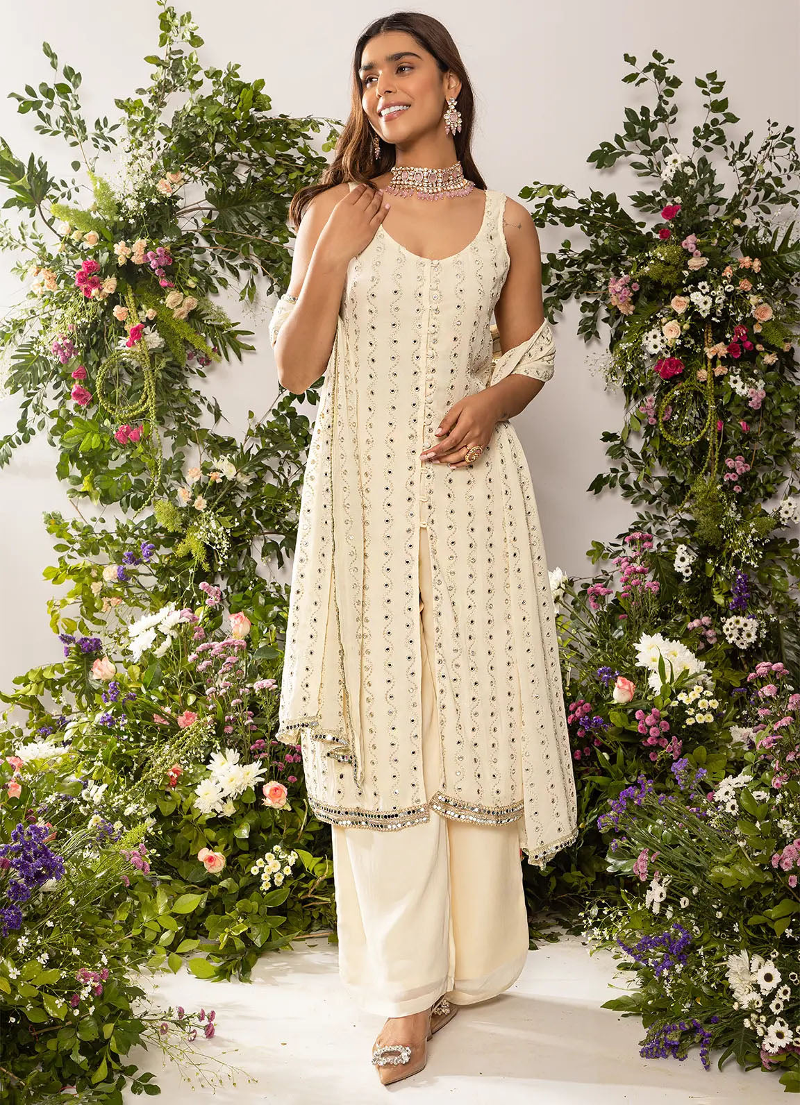 astoria Ivory Mirror Work Front Slit Kurta Set