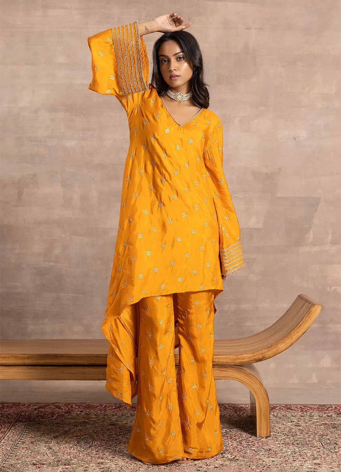 Astoria Mango Yellow Zari Motif Asymmetric Kurta set