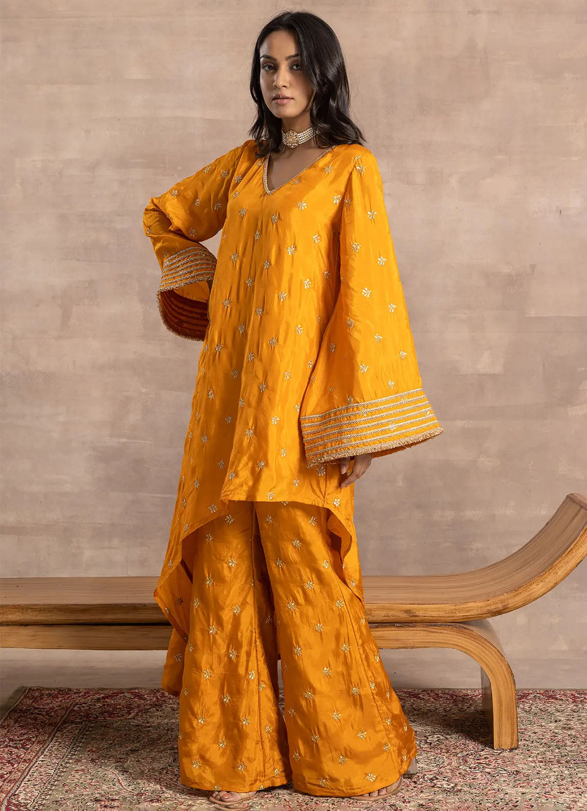 Astoria Mango Yellow Zari Motif Asymmetric Kurta set
