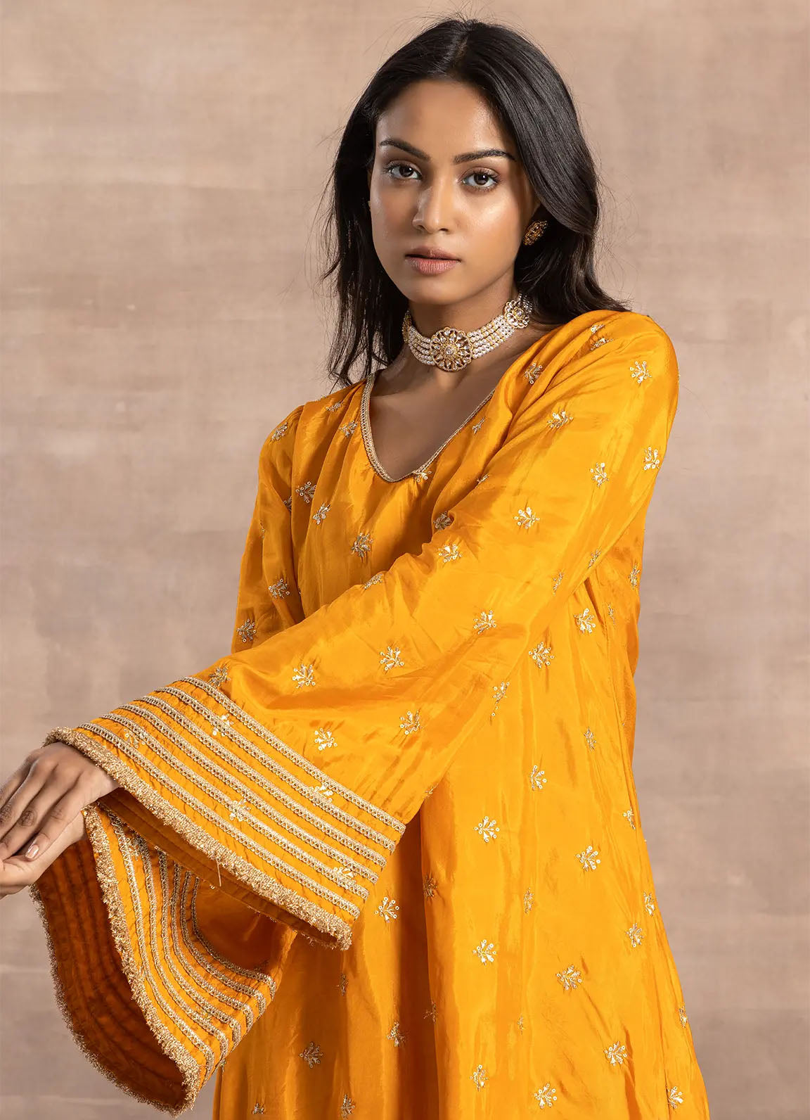 Astoria Mango Yellow Zari Motif Asymmetric Kurta set