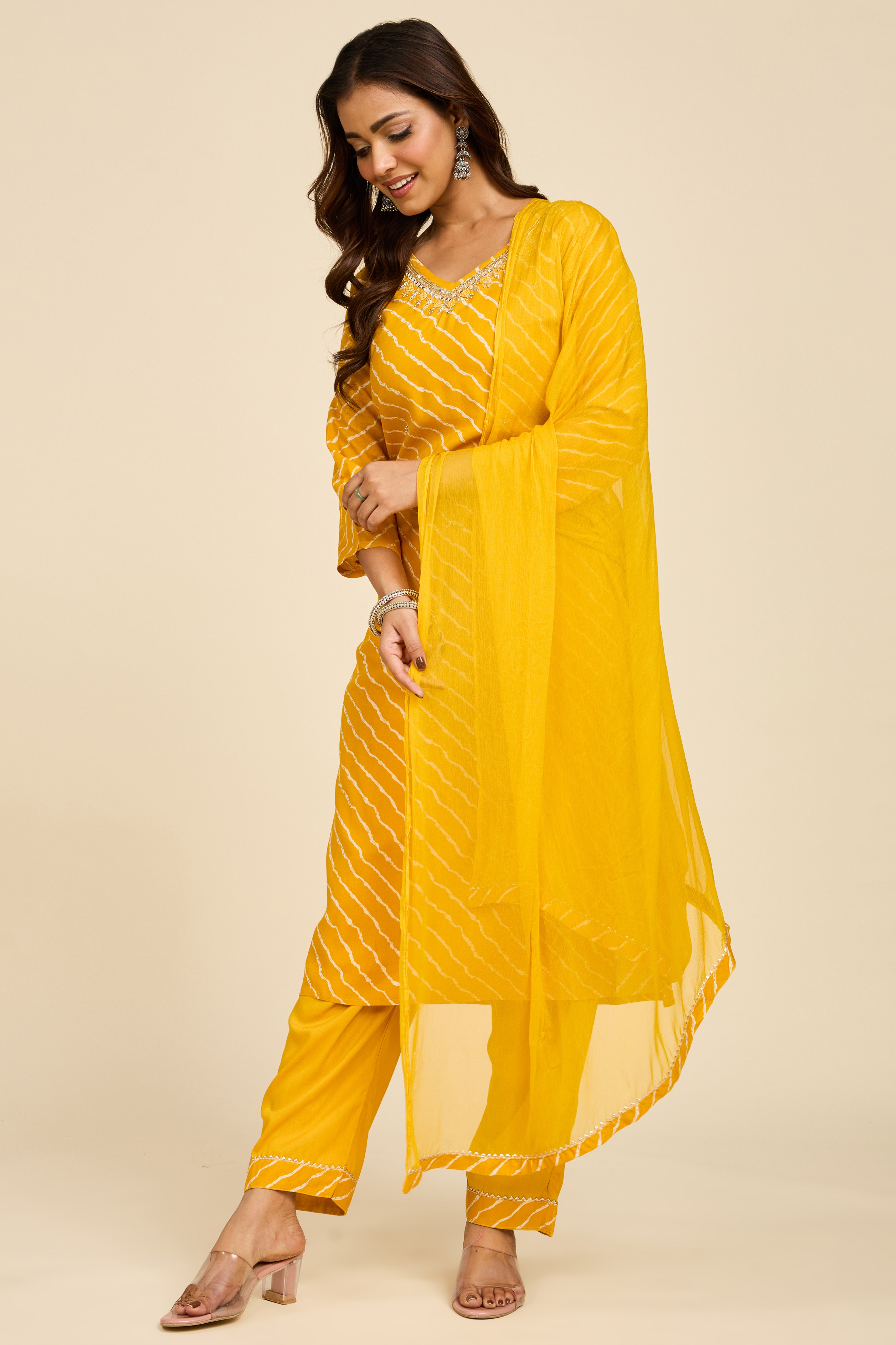 Alaya Select Haldi Leheriya Kurta Set