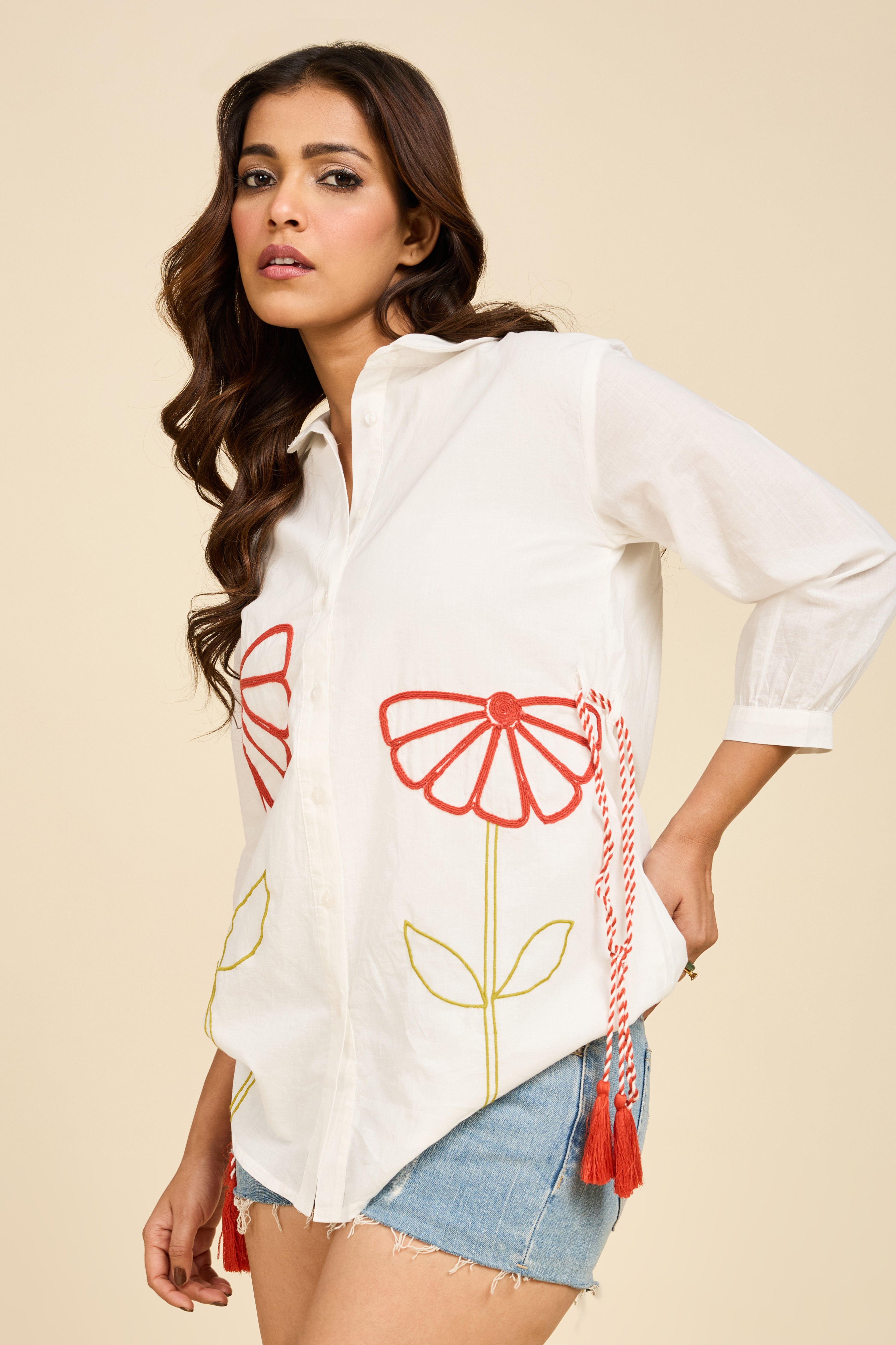 Alaya Select White Floral Tie Detail Top