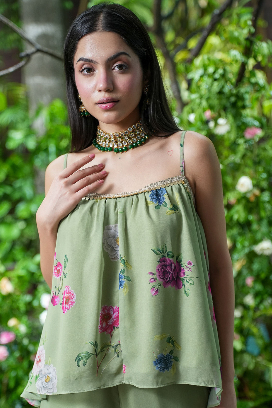 Jade Floral Pleated Top