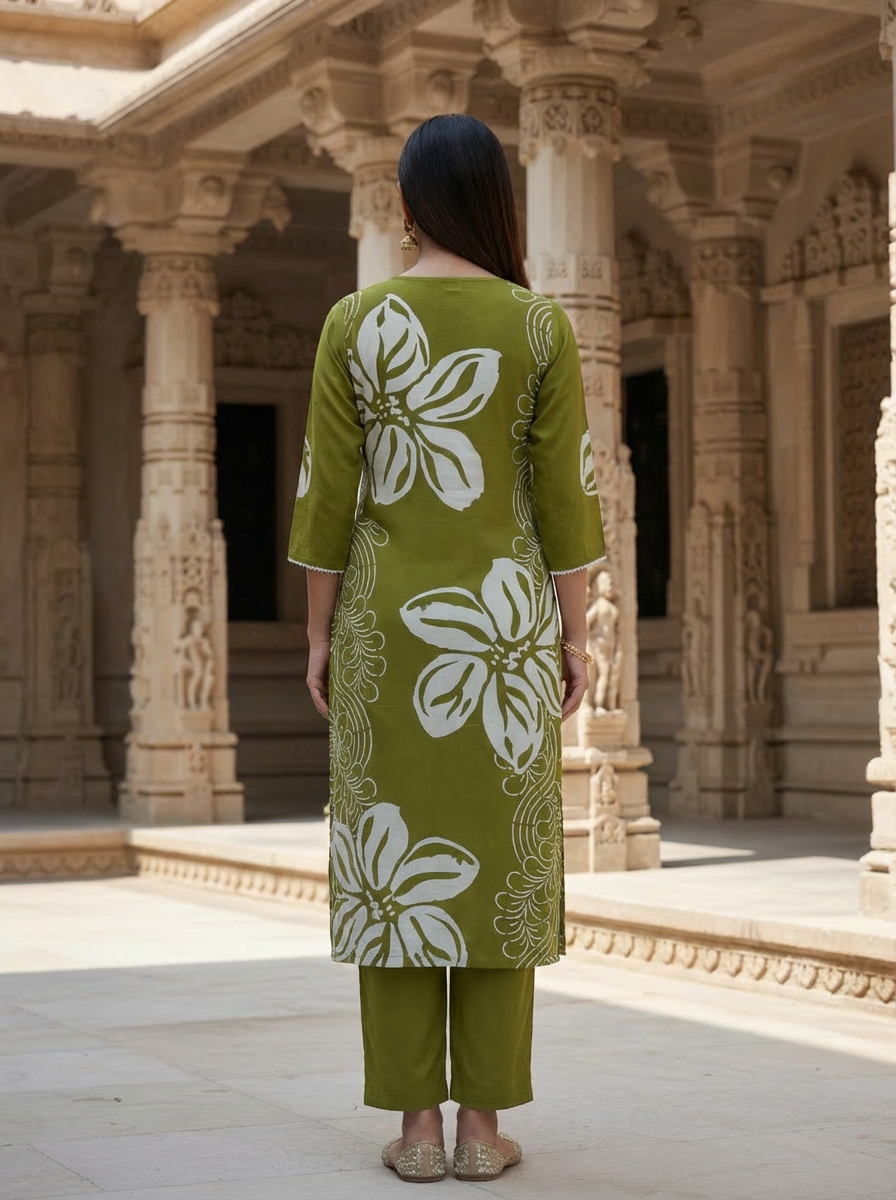Alaya Select Olive Bloom Cotton Kurta Set