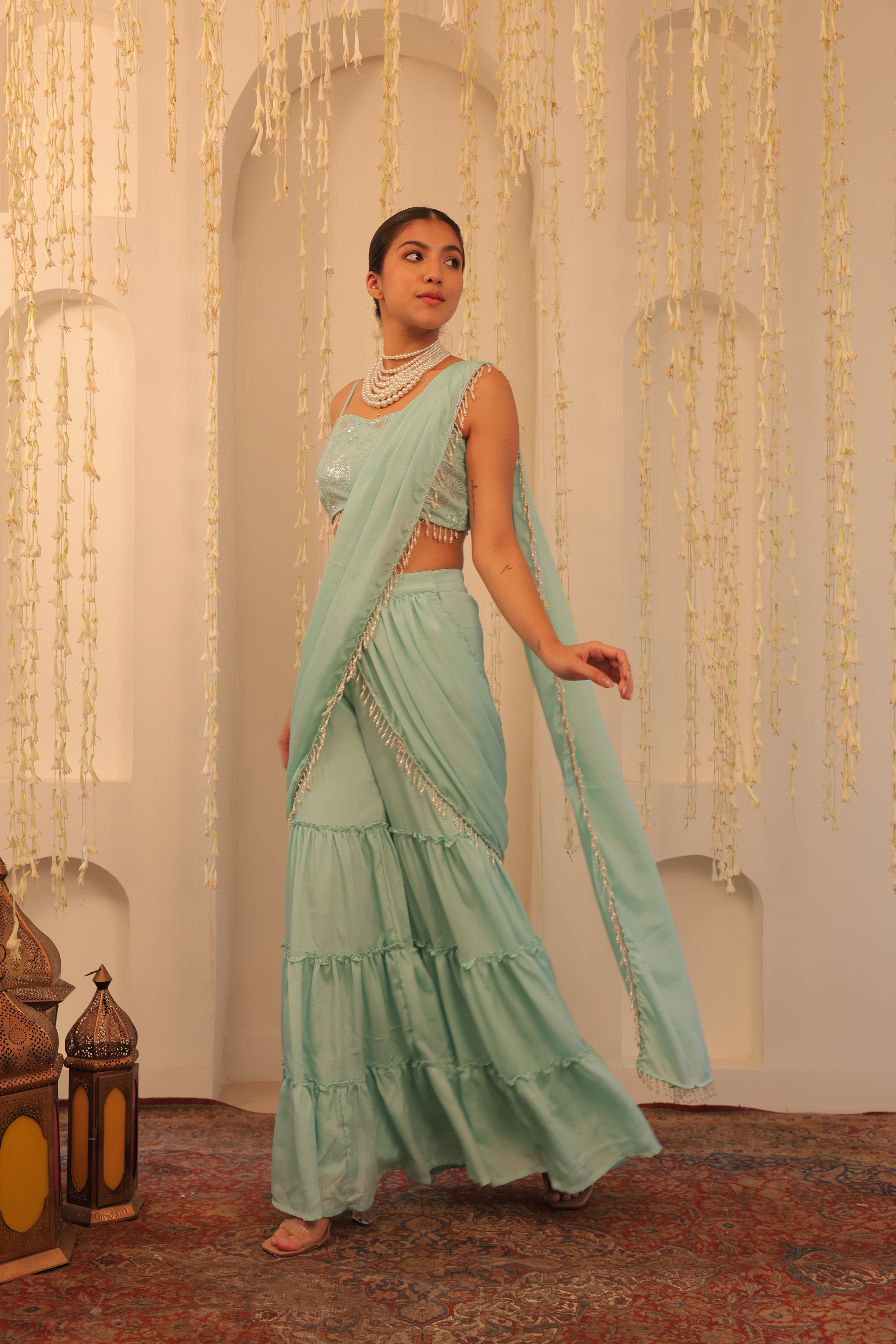 Alaya Mehfil Glacier Blue gharara Sari Set