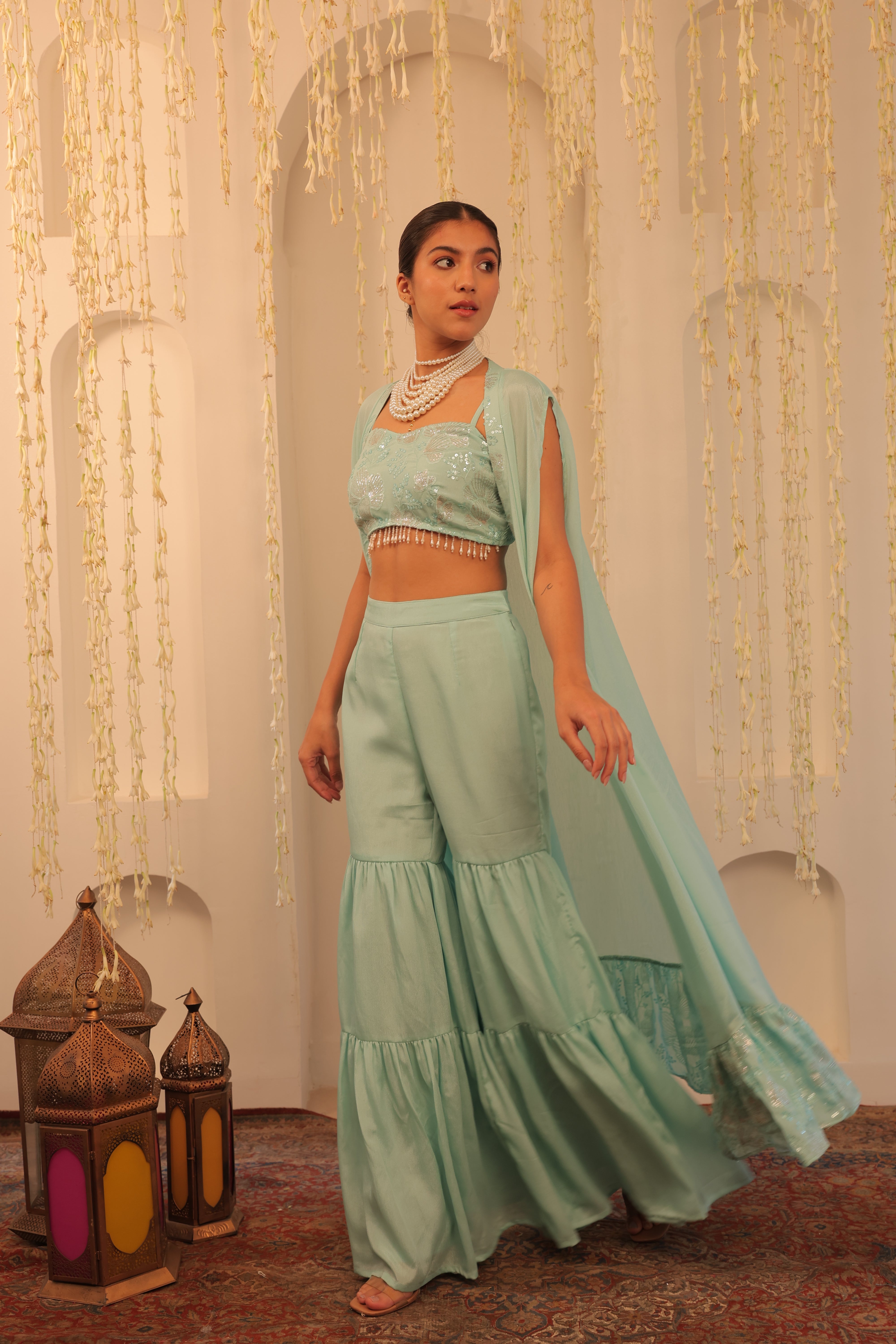 Alaya Mehfil Glacier Blue Overlay Set